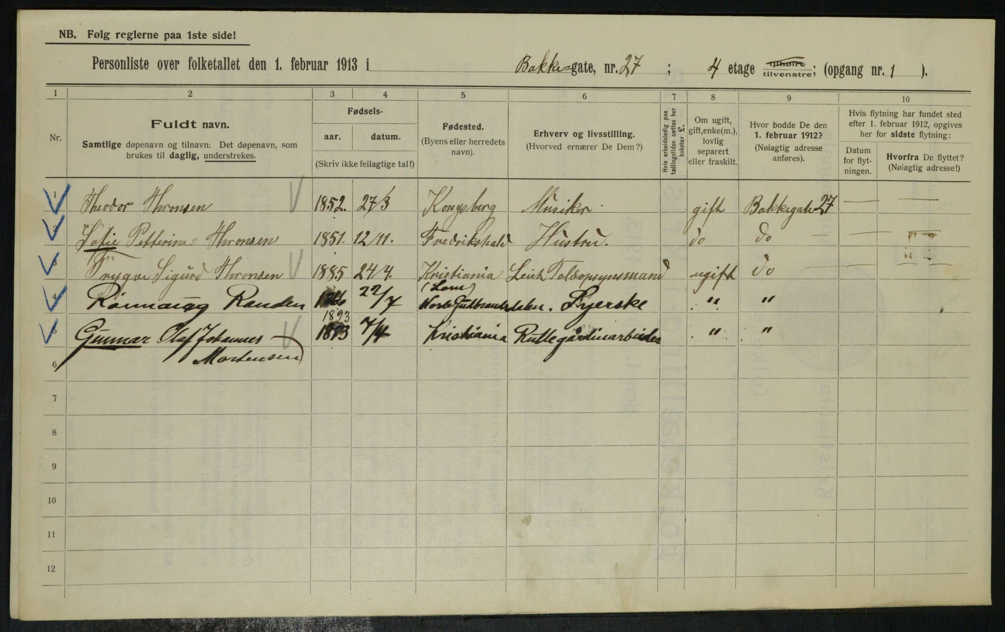 OBA, Municipal Census 1913 for Kristiania, 1913, p. 2898