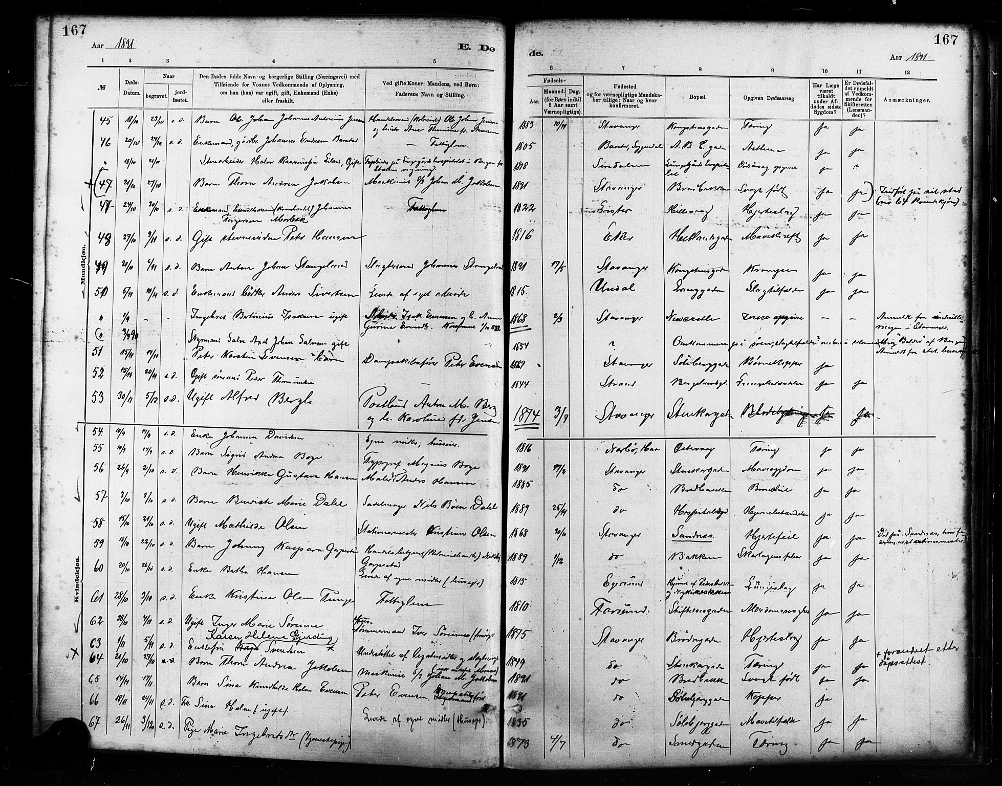 St. Petri sokneprestkontor, AV/SAST-A-101813/001/30/30BA/L0017: Parish register (official) no. A 17, 1879-1895, p. 167