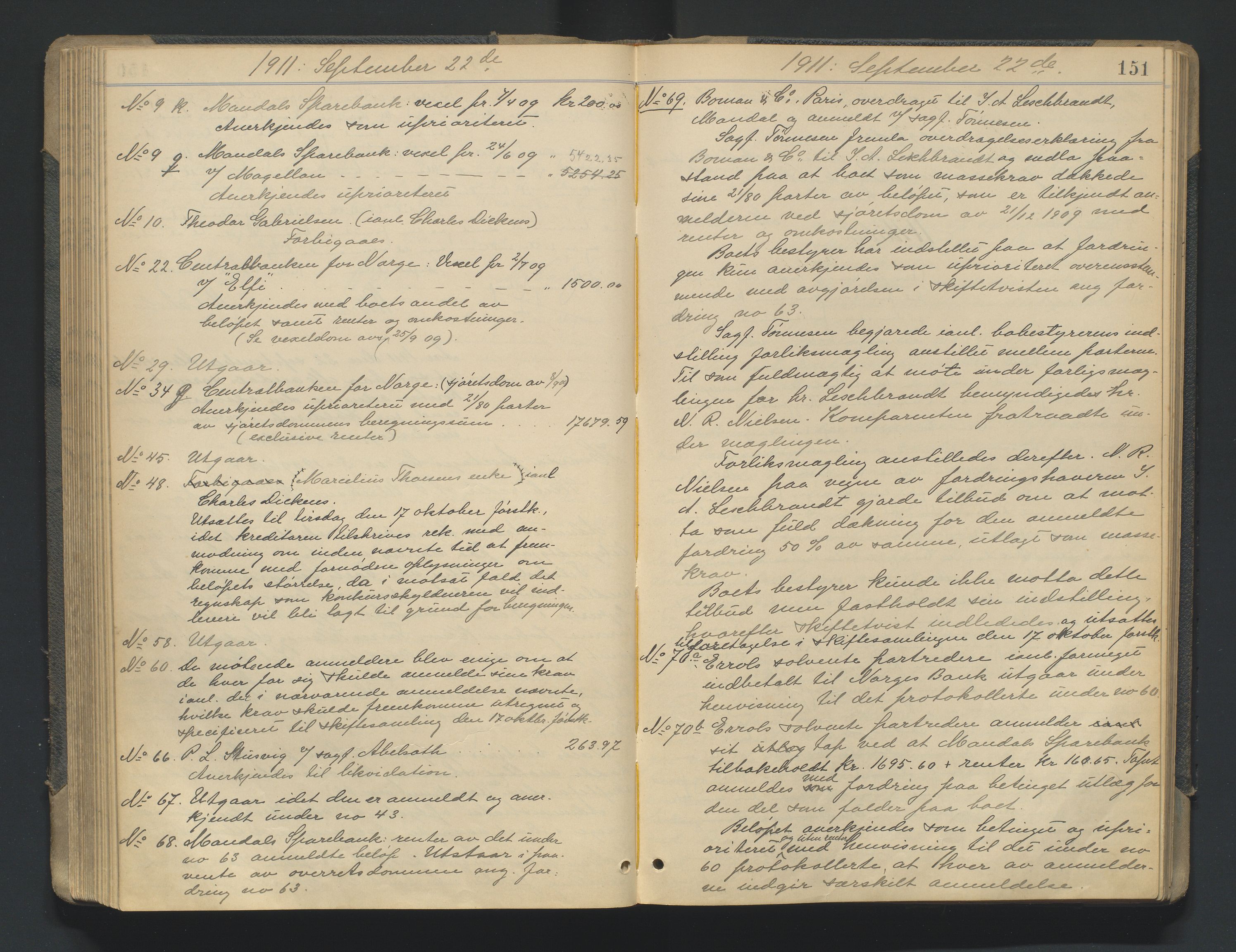 Mandal sorenskriveri, AV/SAK-1221-0005/001/H/Hc/L0081: Skifteforhandlingsprotokoll nr 13, 1909-1913, p. 151