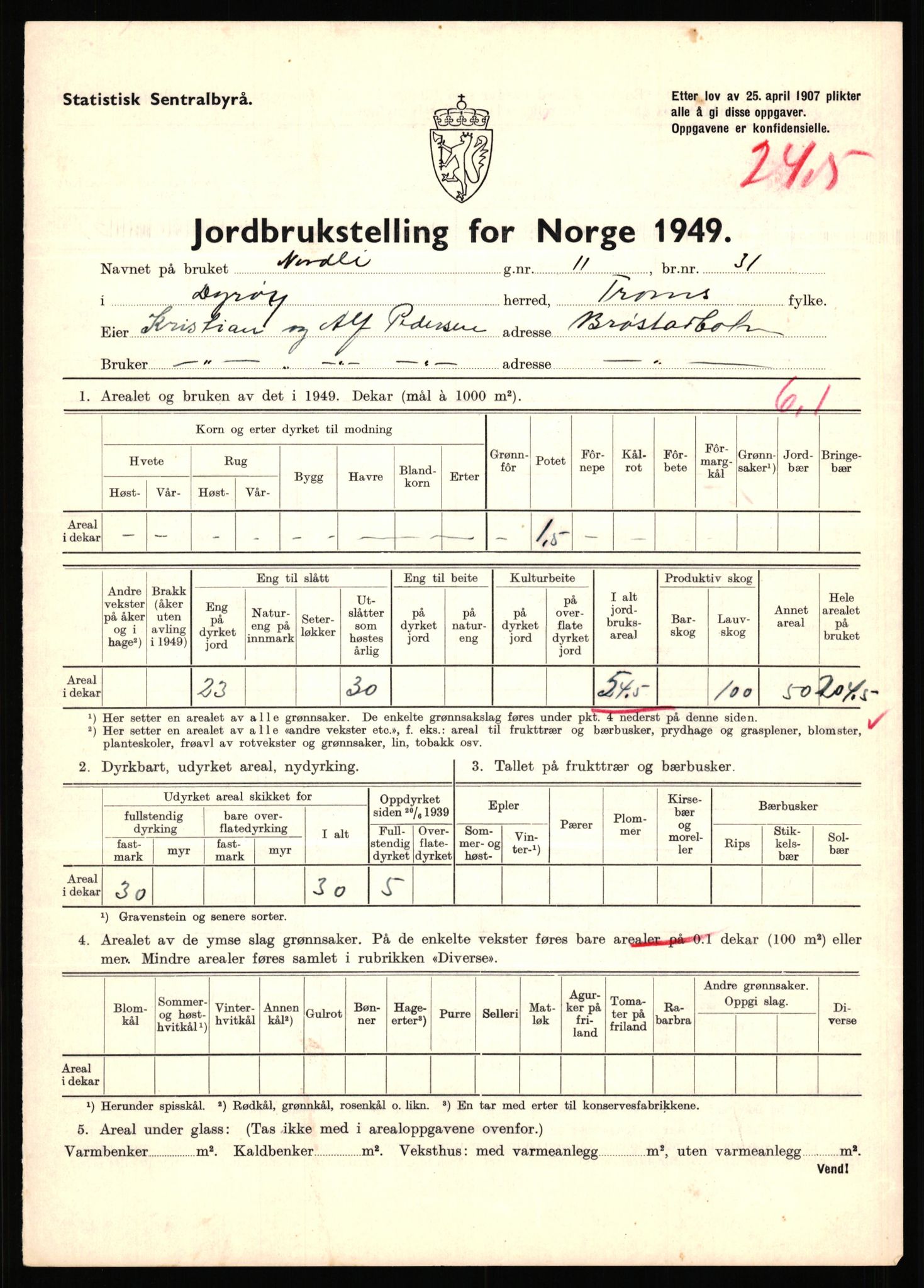 Statistisk sentralbyrå, Næringsøkonomiske emner, Jordbruk, skogbruk, jakt, fiske og fangst, AV/RA-S-2234/G/Gc/L0440: Troms: Sørreisa og Dyrøy, 1949, p. 1582