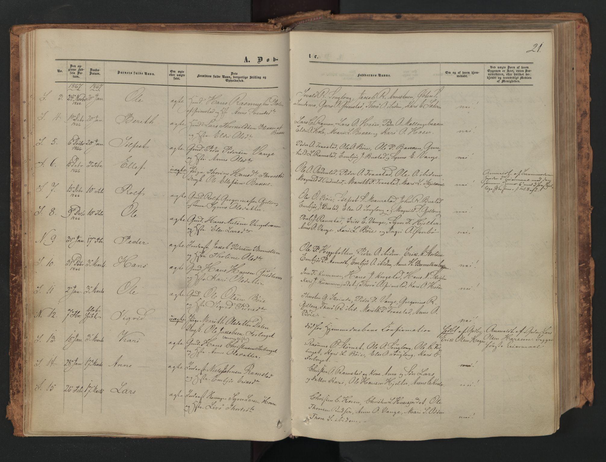 Skjåk prestekontor, SAH/PREST-072/H/Ha/Haa/L0001: Parish register (official) no. 1, 1863-1879, p. 21