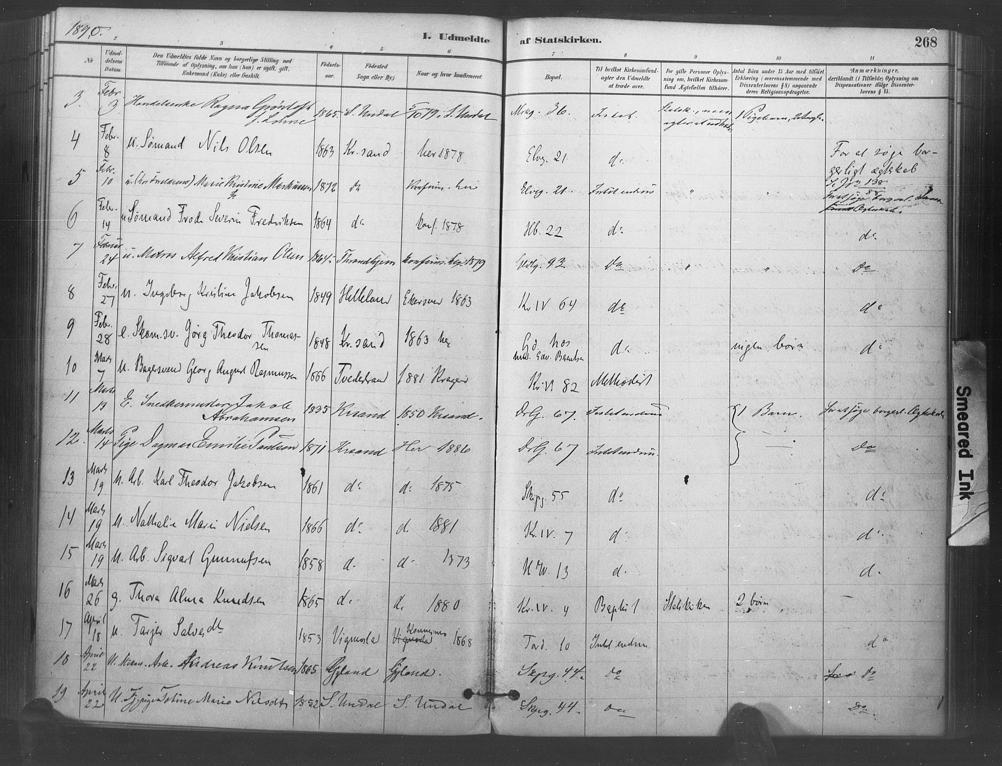 Kristiansand domprosti, SAK/1112-0006/F/Fa/L0018: Parish register (official) no. A 17, 1880-1892, p. 268