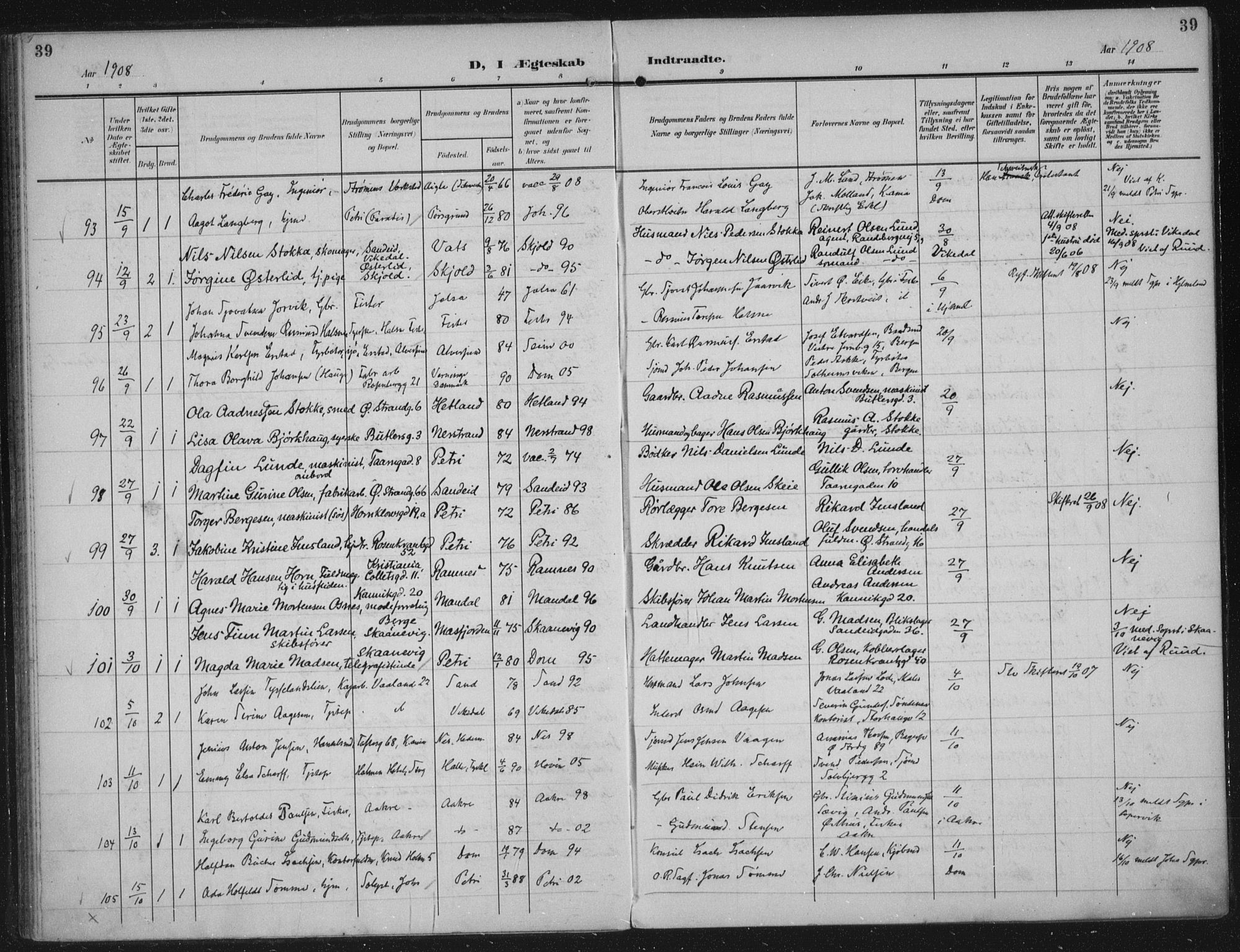 Domkirken sokneprestkontor, AV/SAST-A-101812/002/A/L0016: Parish register (official) no. A 33, 1905-1922, p. 39