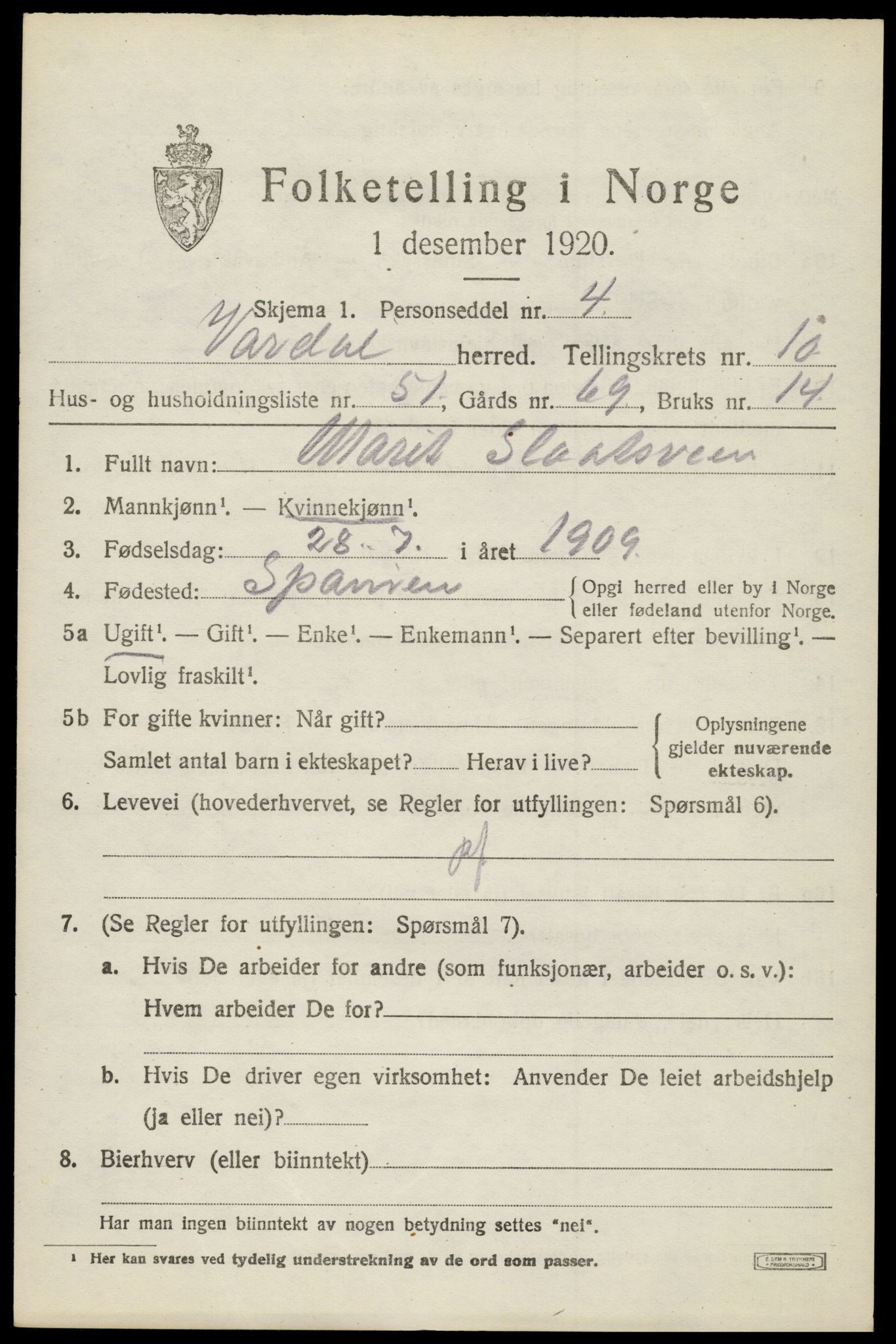 SAH, 1920 census for Vardal, 1920, p. 9343