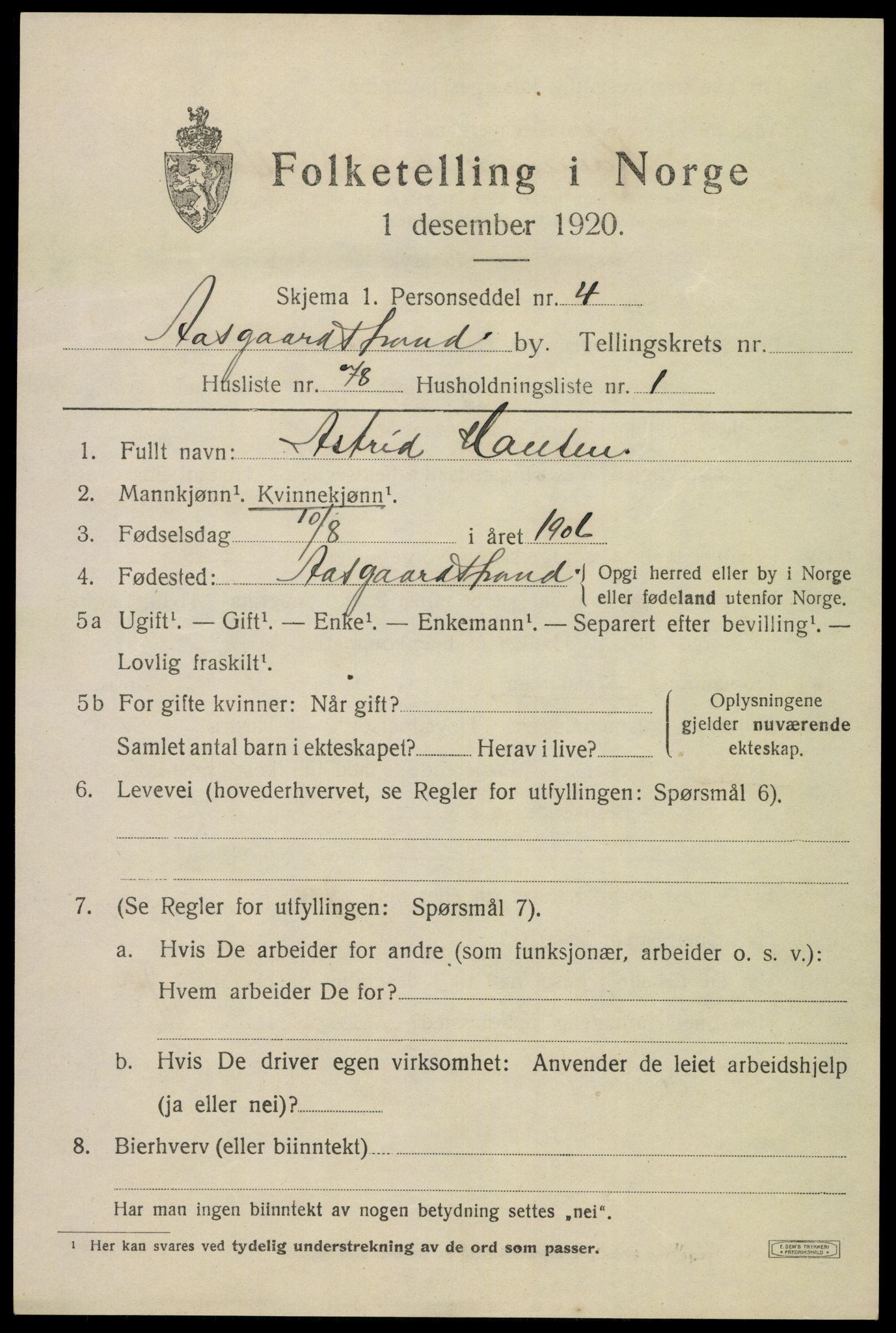SAKO, 1920 census for Åsgårdstrand, 1920, p. 1203