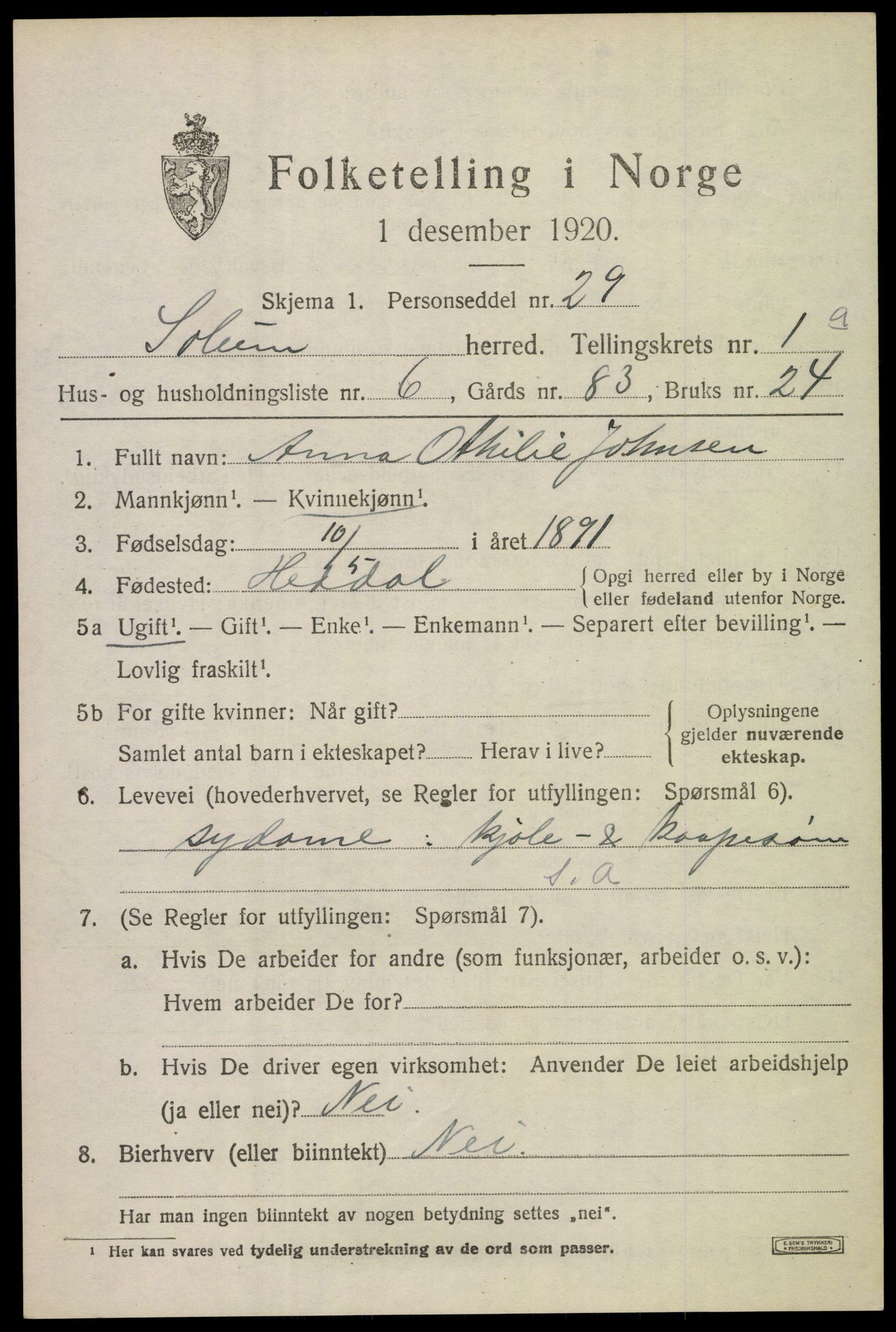 SAKO, 1920 census for Solum, 1920, p. 6530