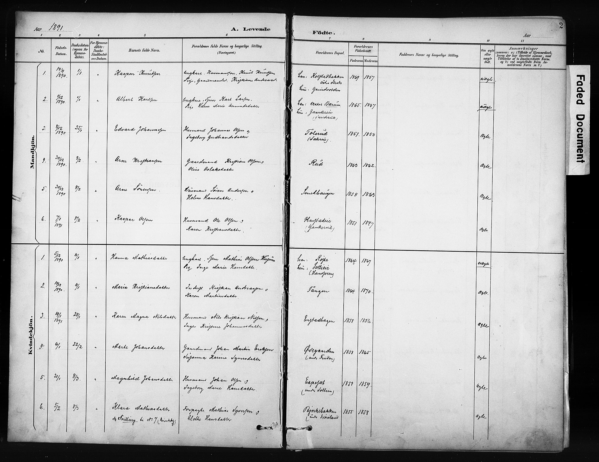 Nordre Land prestekontor, SAH/PREST-124/H/Ha/Hab/L0012: Parish register (copy) no. 12, 1891-1909, p. 2