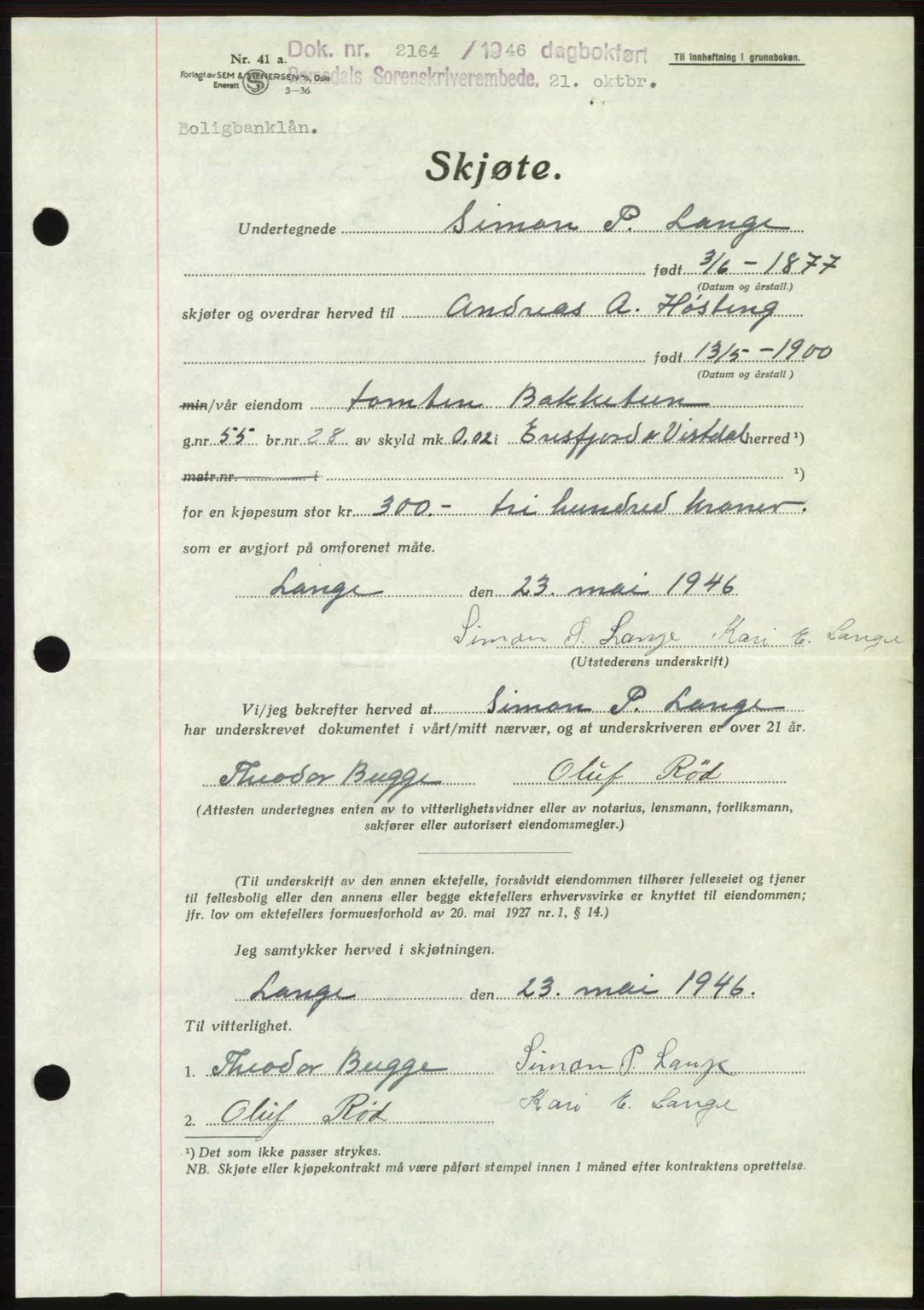 Romsdal sorenskriveri, AV/SAT-A-4149/1/2/2C: Mortgage book no. A21, 1946-1946, Diary no: : 2164/1946