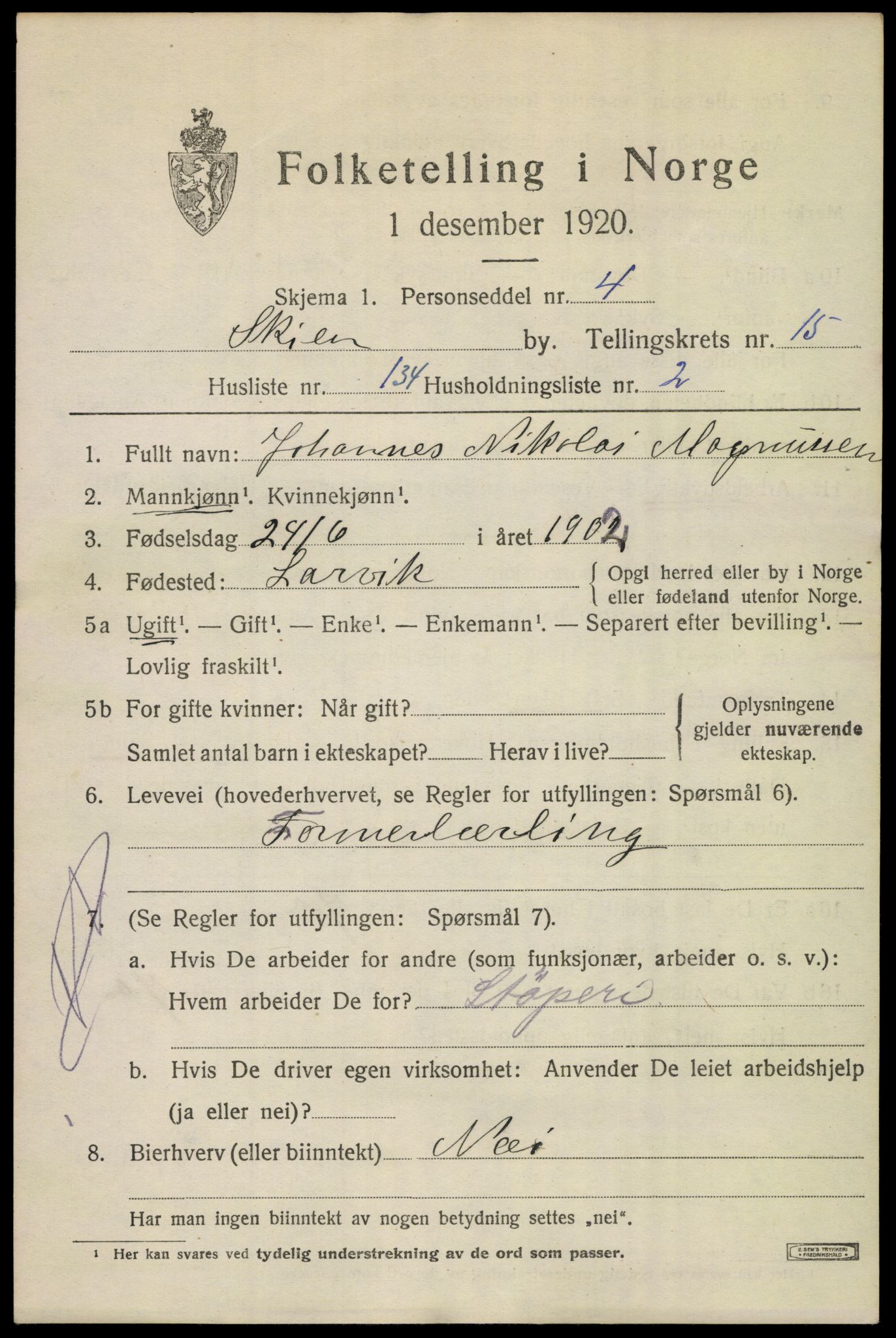 SAKO, 1920 census for Skien, 1920, p. 45734