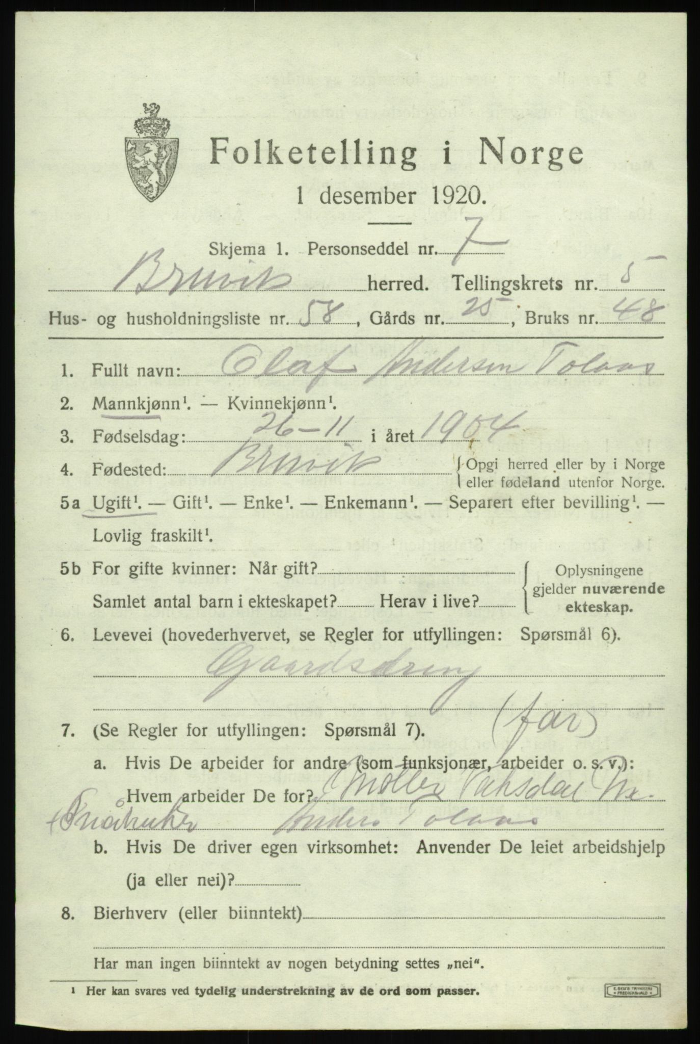 SAB, 1920 census for Bruvik, 1920, p. 3666