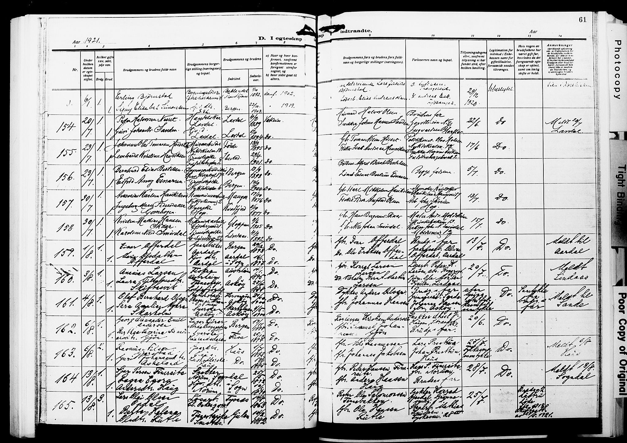 Nykirken Sokneprestembete, SAB/A-77101/H/Hab: Parish register (copy) no. D 5, 1918-1926, p. 61