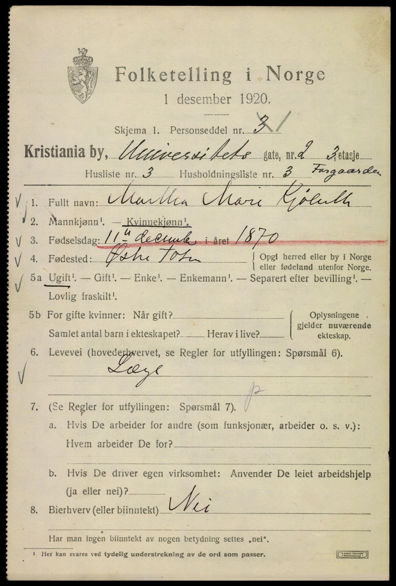 SAO, 1920 census for Kristiania, 1920, p. 618085