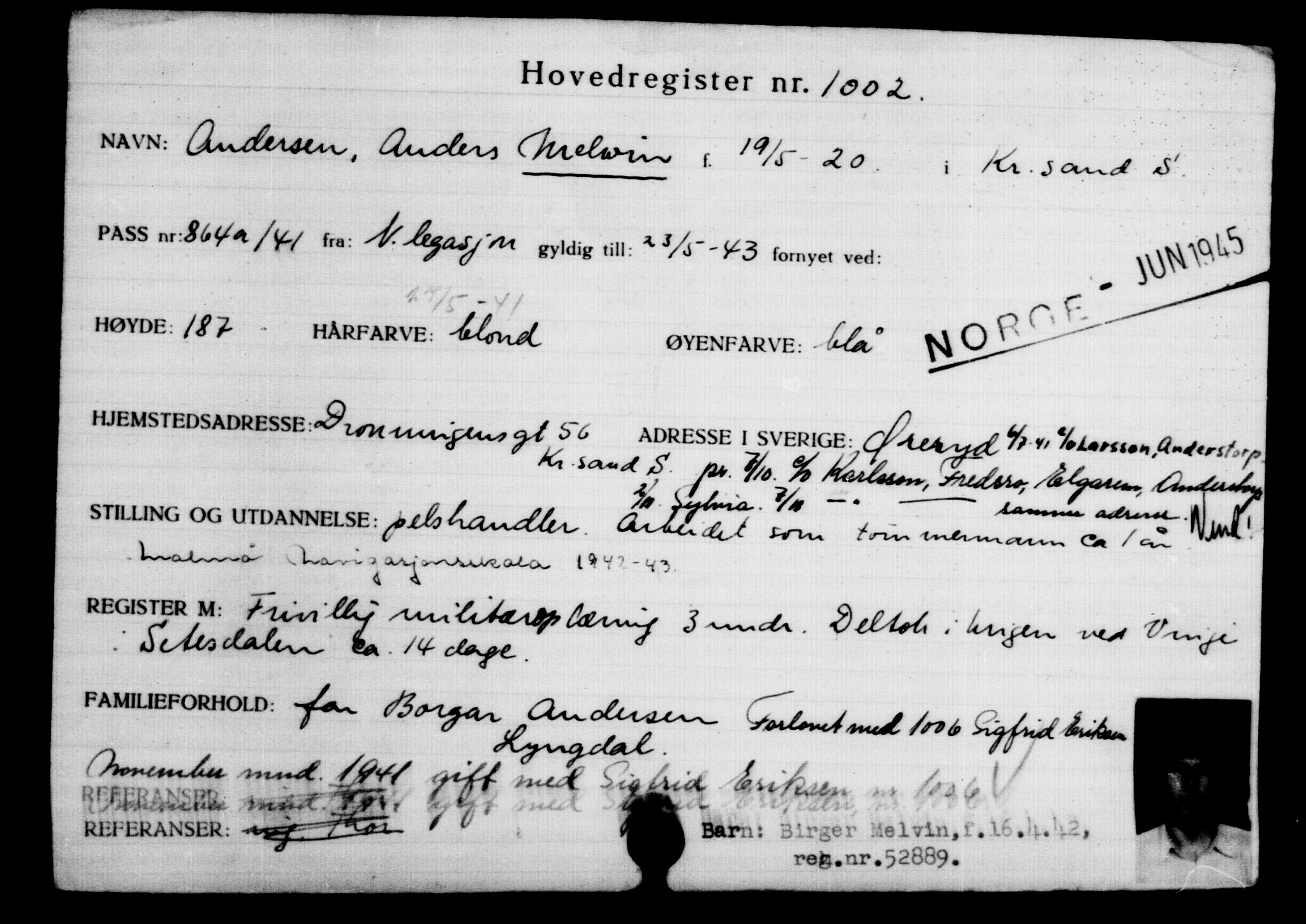 Utenriksstasjonene, Legasjonen i Stockholm, Flyktningkontoret, AV/RA-S-6753/V/Va/L0002: Kjesäterkartoteket, flyktninger med registreringsnr. 1001-2000, 1940-1945, p. 3