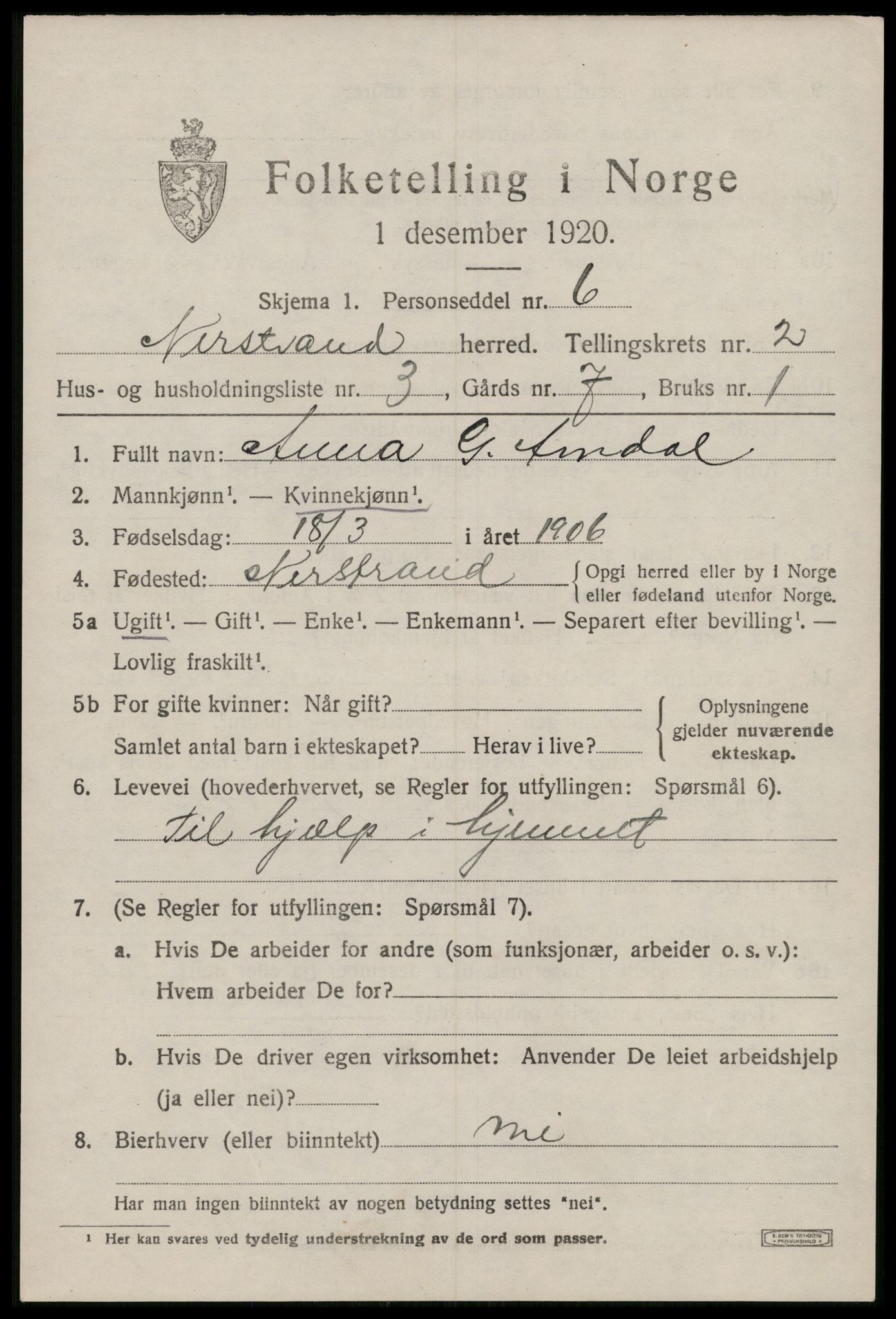 SAST, 1920 census for Nedstrand, 1920, p. 1009
