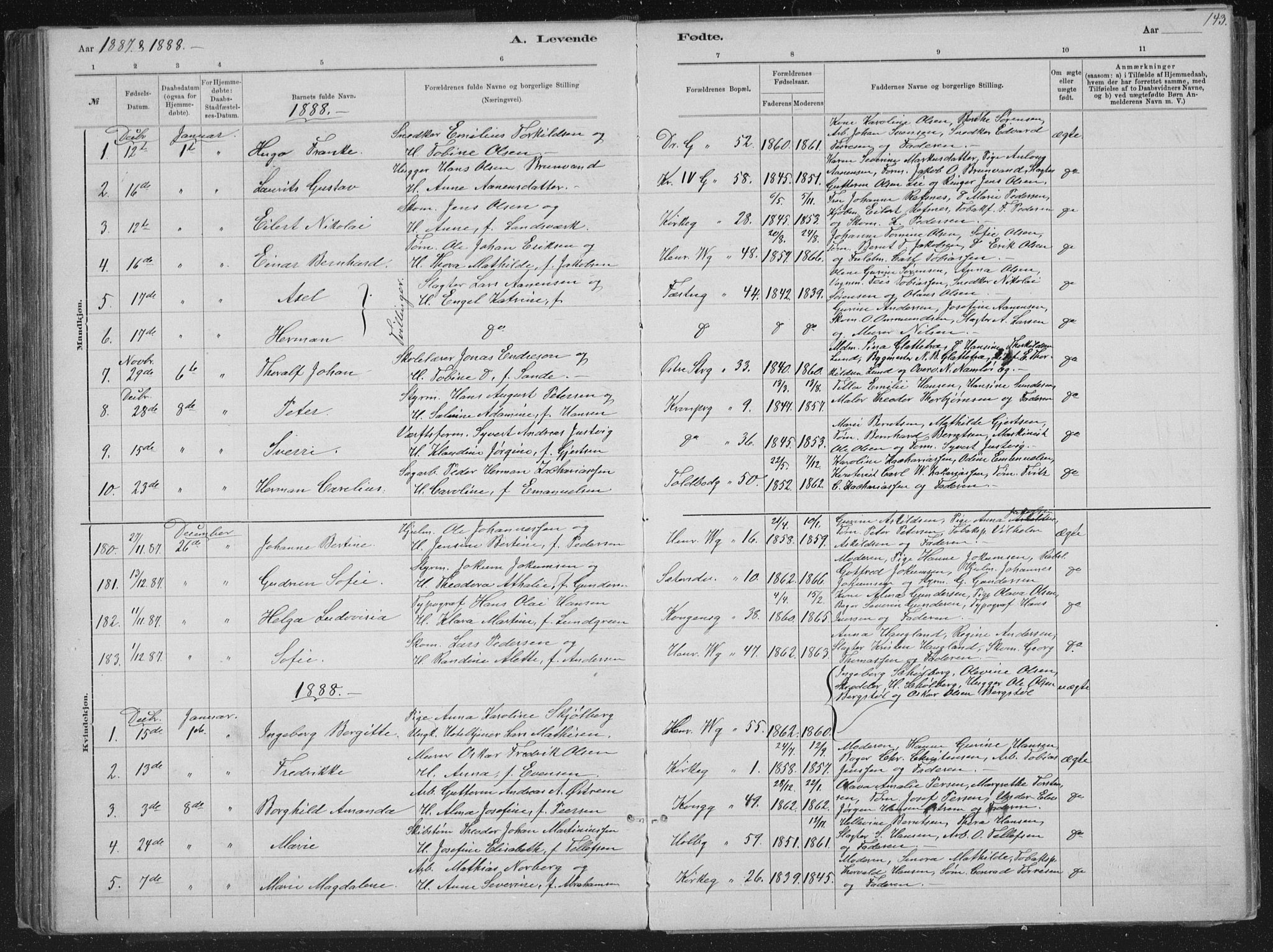 Kristiansand domprosti, SAK/1112-0006/F/Fb/L0014: Parish register (copy) no. B 14, 1881-1896, p. 143