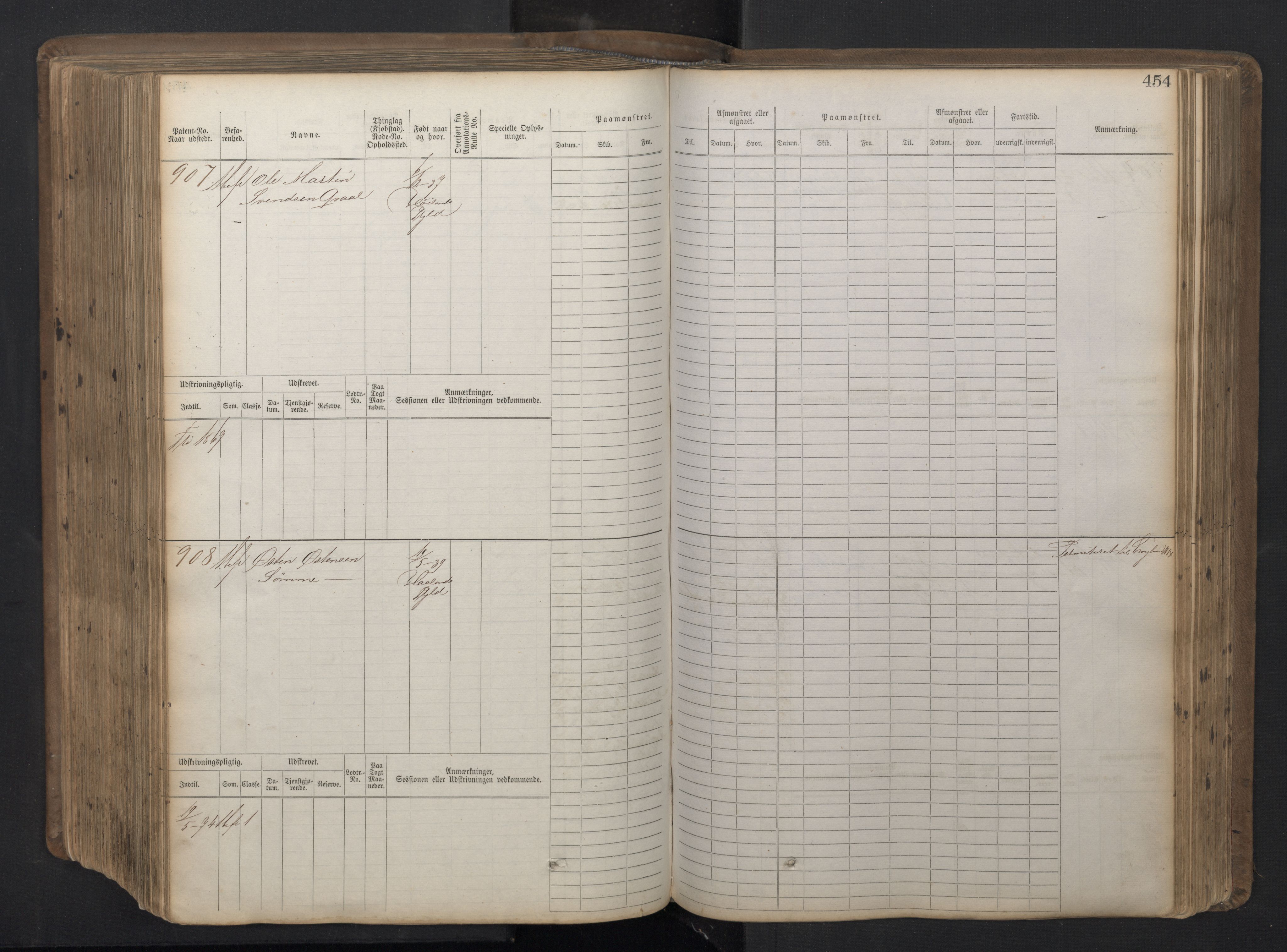 Stavanger sjømannskontor, SAST/A-102006/F/Fb/Fbb/L0016: Sjøfartshovedrulle patnentnr. 1-1202 (dublett), 1869, p. 454