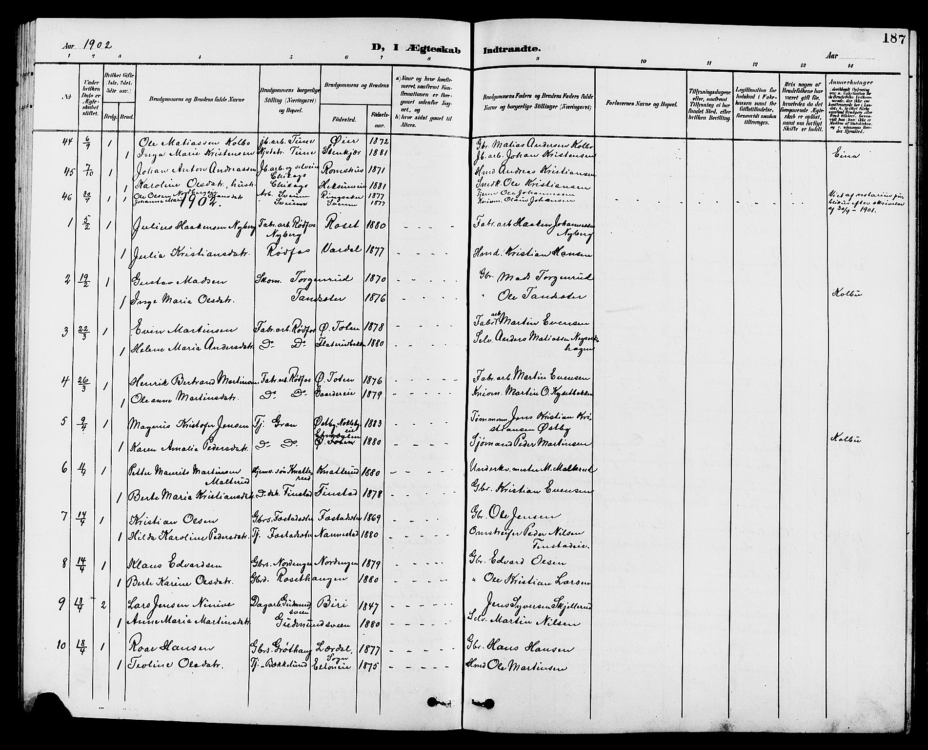 Vestre Toten prestekontor, SAH/PREST-108/H/Ha/Hab/L0010: Parish register (copy) no. 10, 1900-1912, p. 187