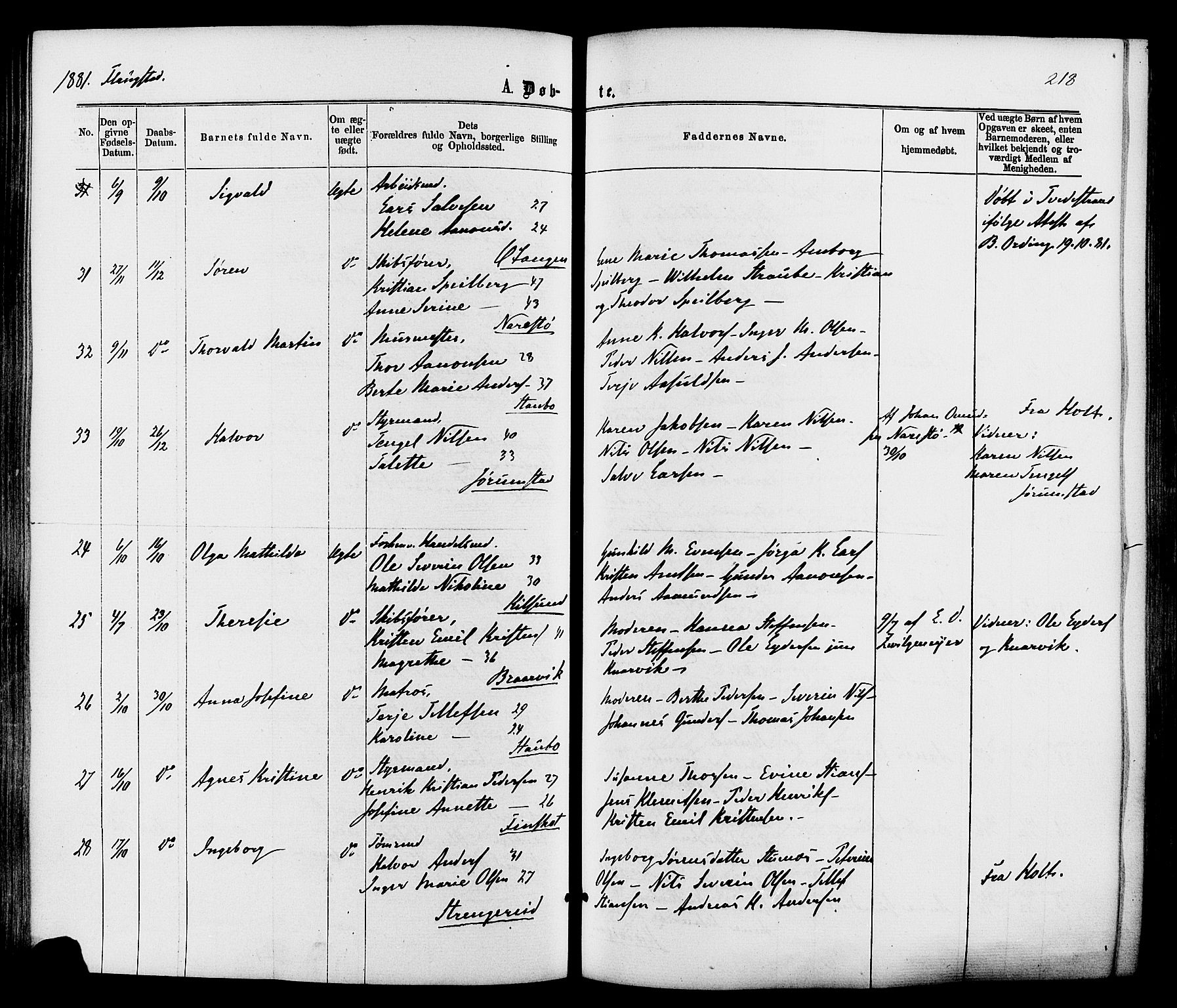 Dypvåg sokneprestkontor, SAK/1111-0007/F/Fa/Faa/L0007: Parish register (official) no. A 7 /2, 1877-1884, p. 218