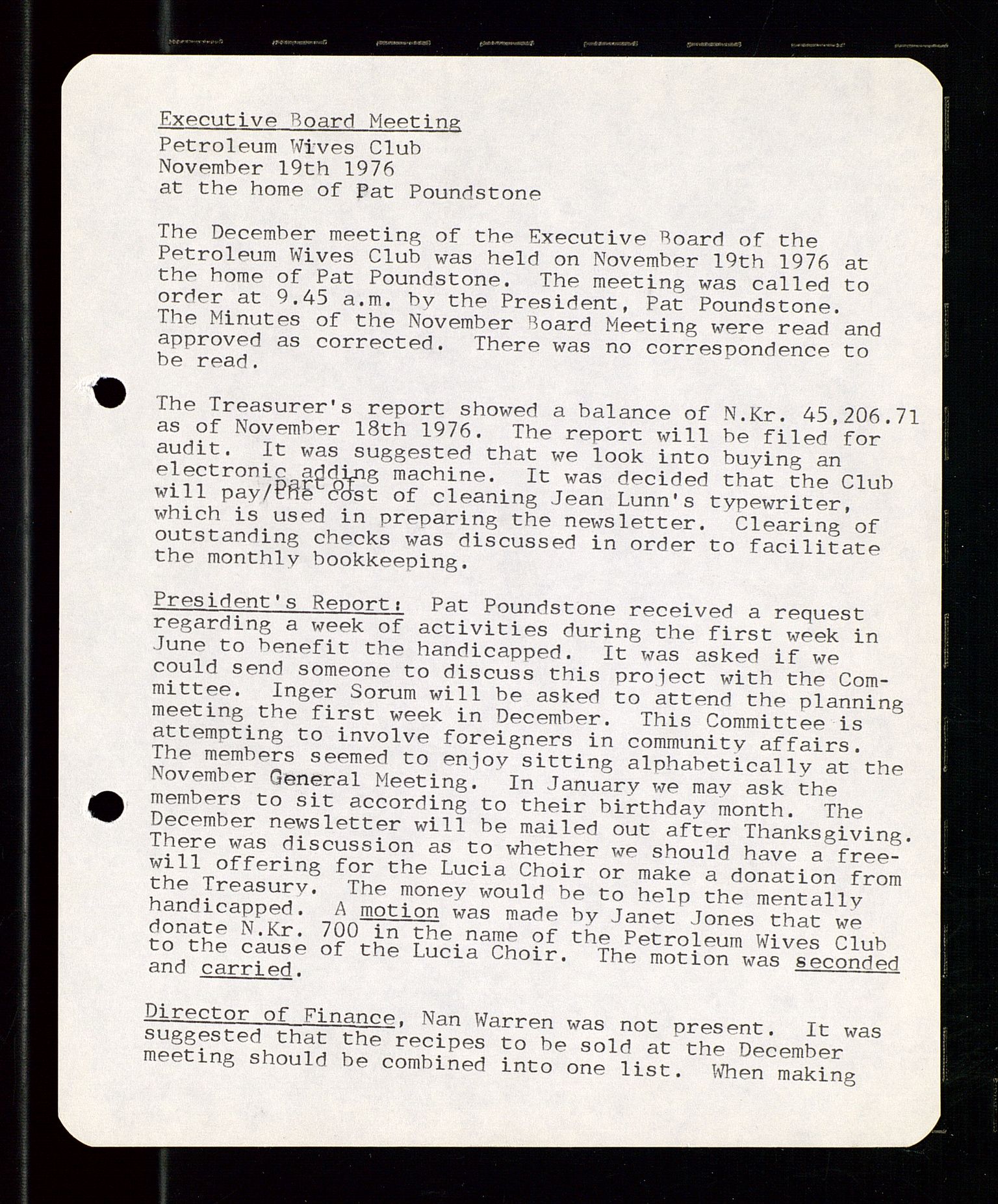 PA 1547 - Petroleum Wives Club, AV/SAST-A-101974/A/Aa/L0001: Board and General Meeting, 1970-1983