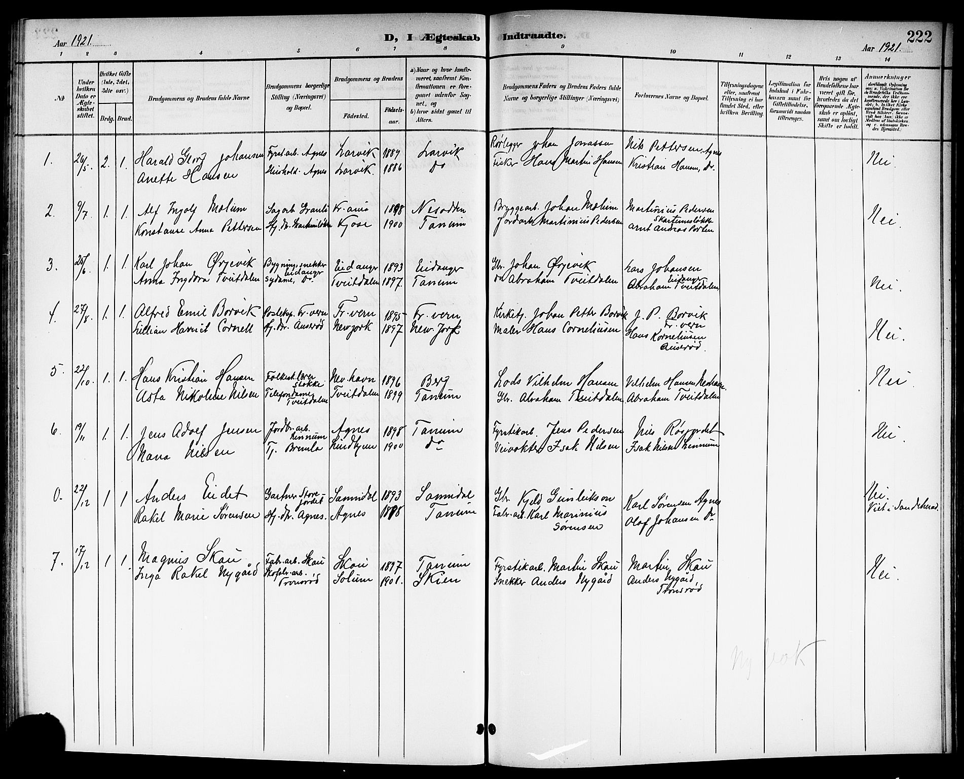 Brunlanes kirkebøker, SAKO/A-342/G/Ga/L0004: Parish register (copy) no. I 4, 1898-1921, p. 222