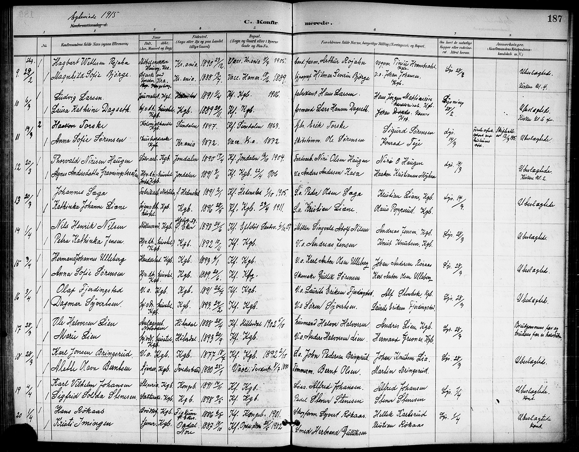 Kongsberg kirkebøker, SAKO/A-22/G/Ga/L0007: Parish register (copy) no. 7, 1901-1915, p. 187