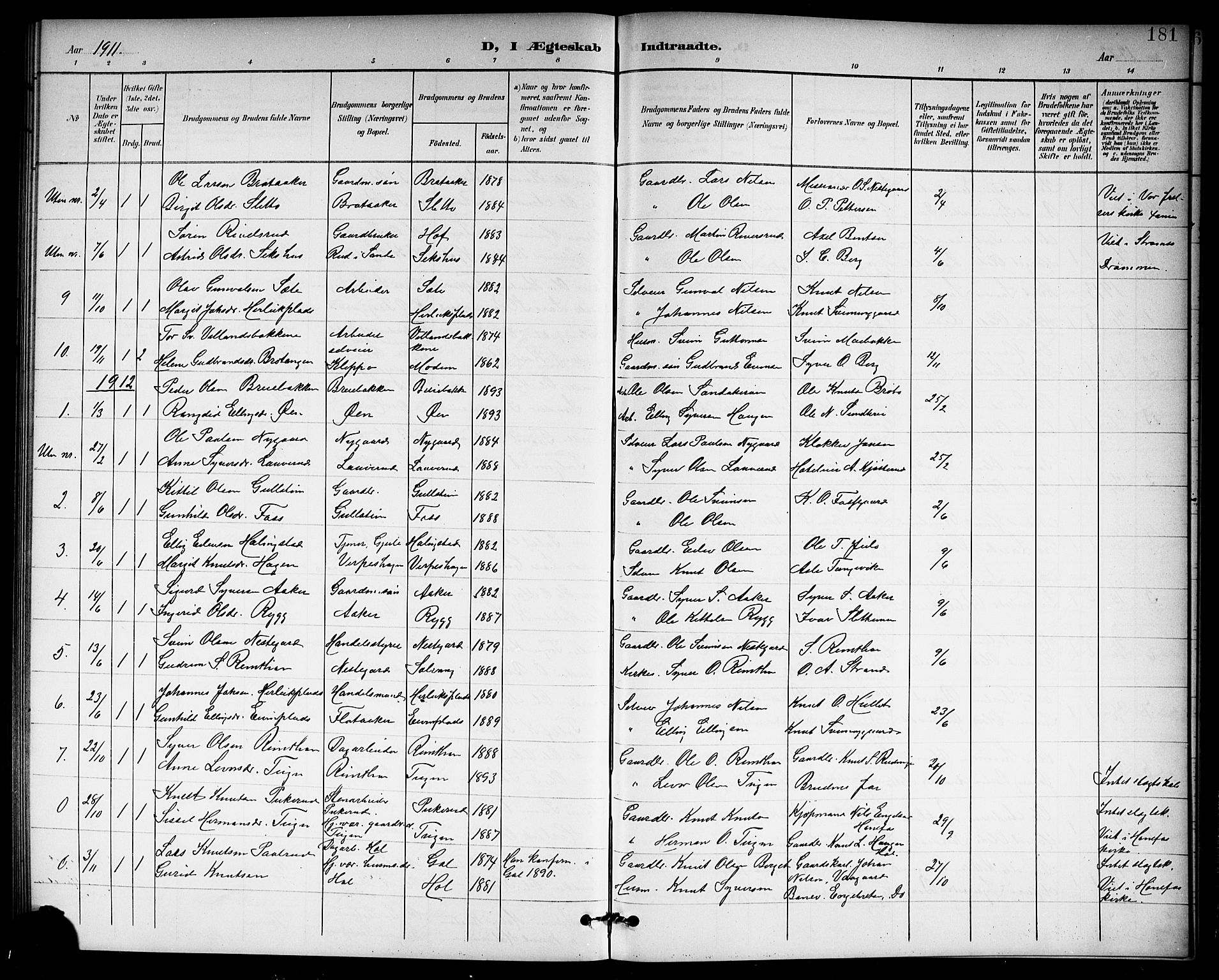 Hol kirkebøker, SAKO/A-227/G/Ga/L0001: Parish register (copy) no. I 1, 1900-1919, p. 181