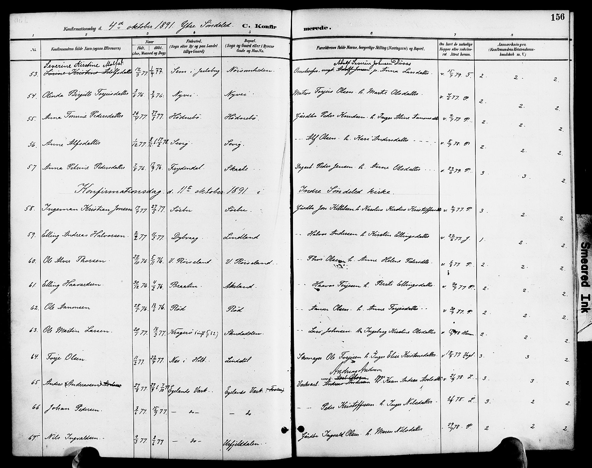 Søndeled sokneprestkontor, AV/SAK-1111-0038/F/Fa/L0005: Parish register (official) no. A 5, 1889-1899, p. 156