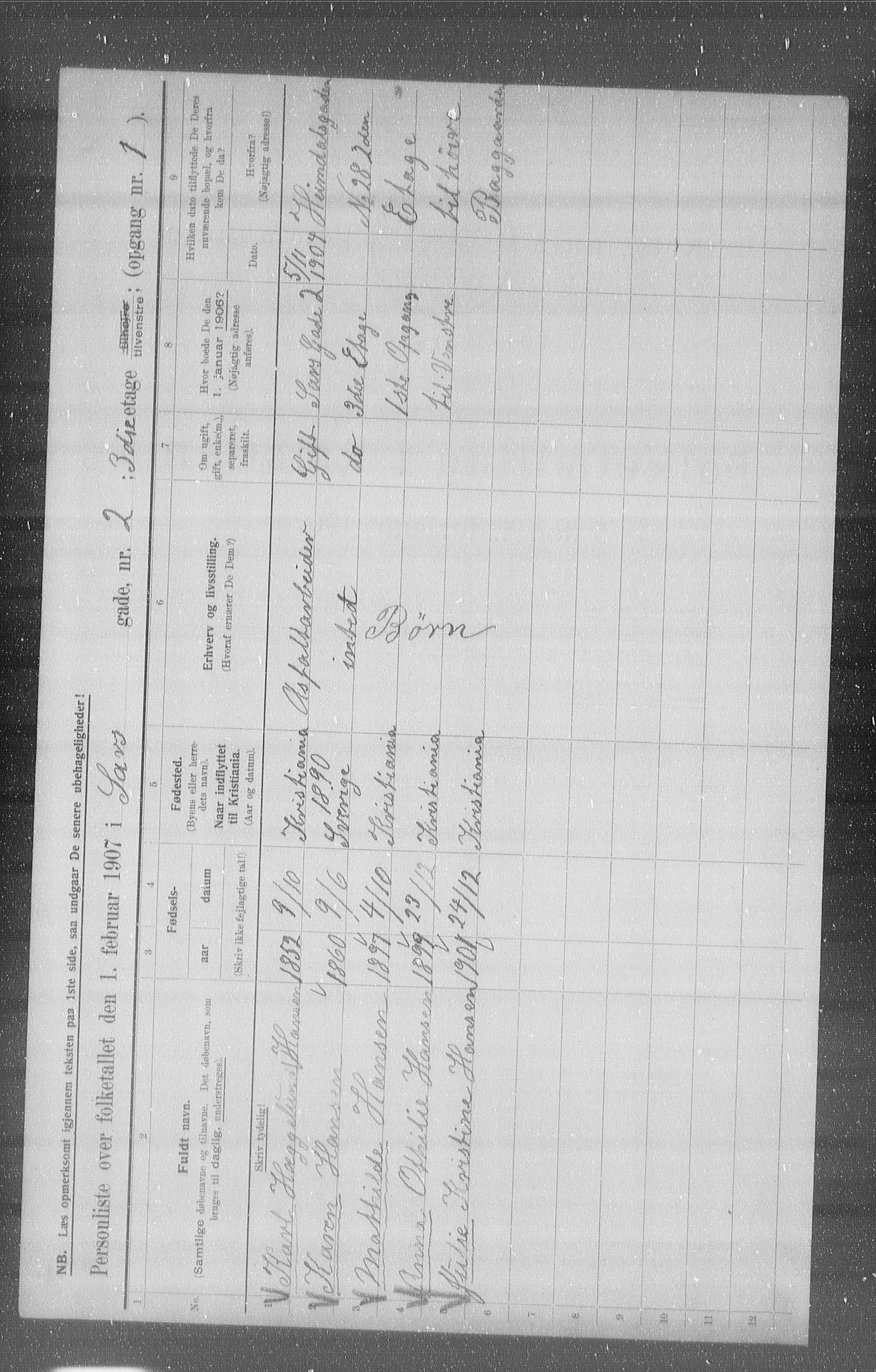 OBA, Municipal Census 1907 for Kristiania, 1907, p. 45652