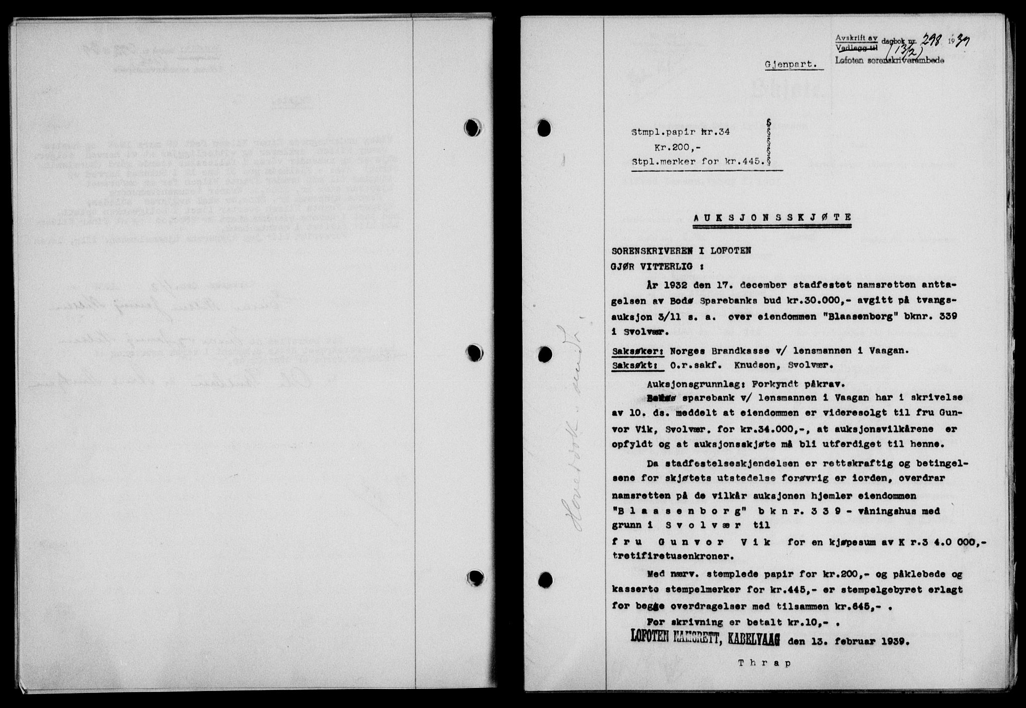 Lofoten sorenskriveri, SAT/A-0017/1/2/2C/L0005a: Mortgage book no. 5a, 1939-1939, Diary no: : 298/1939