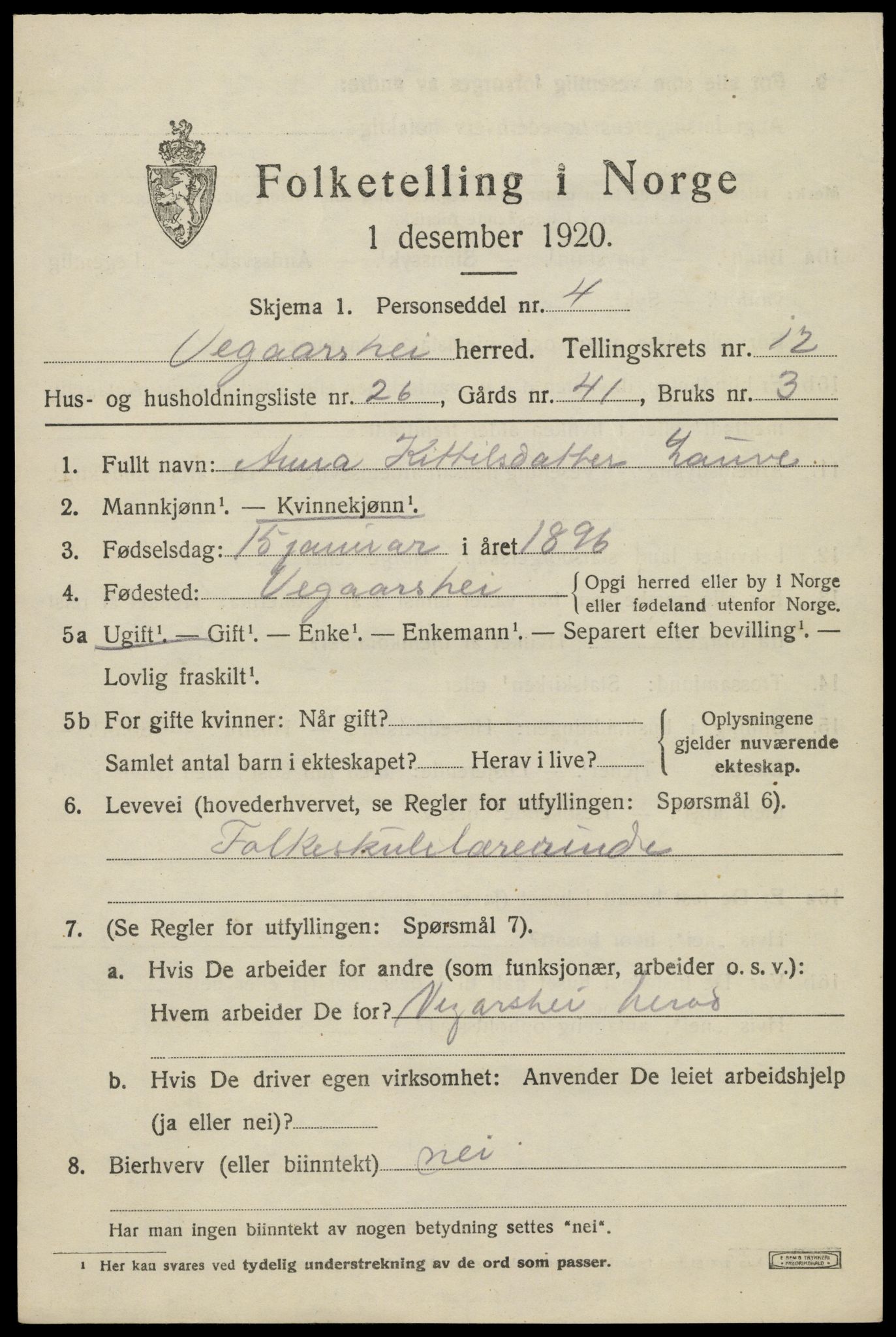 SAK, 1920 census for Vegårshei, 1920, p. 4094