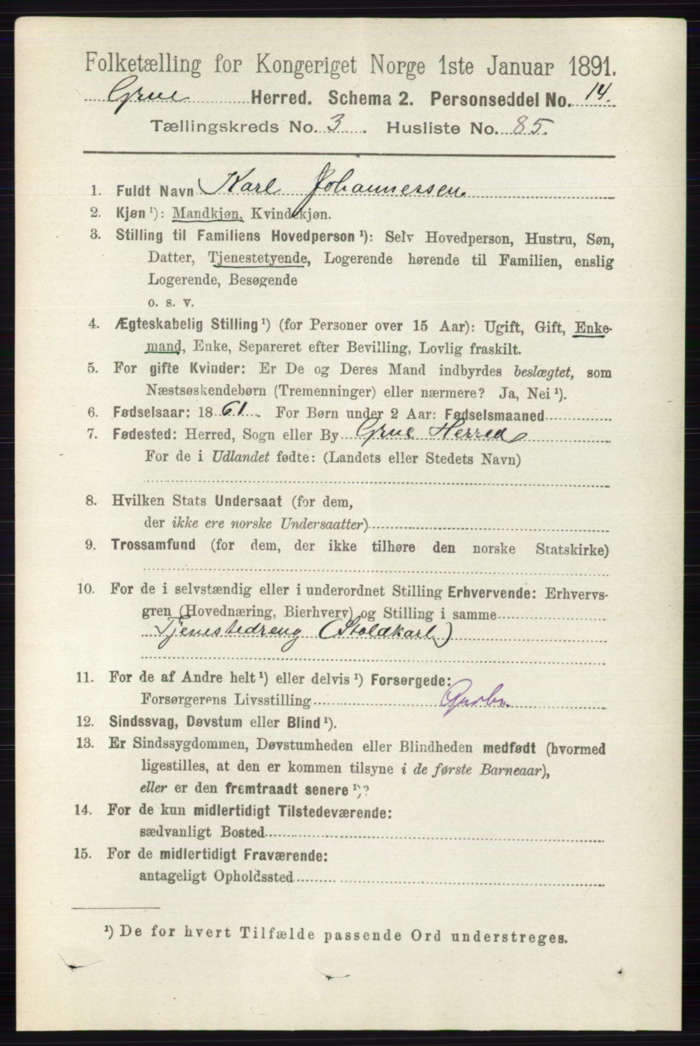 RA, 1891 census for 0423 Grue, 1891, p. 2005