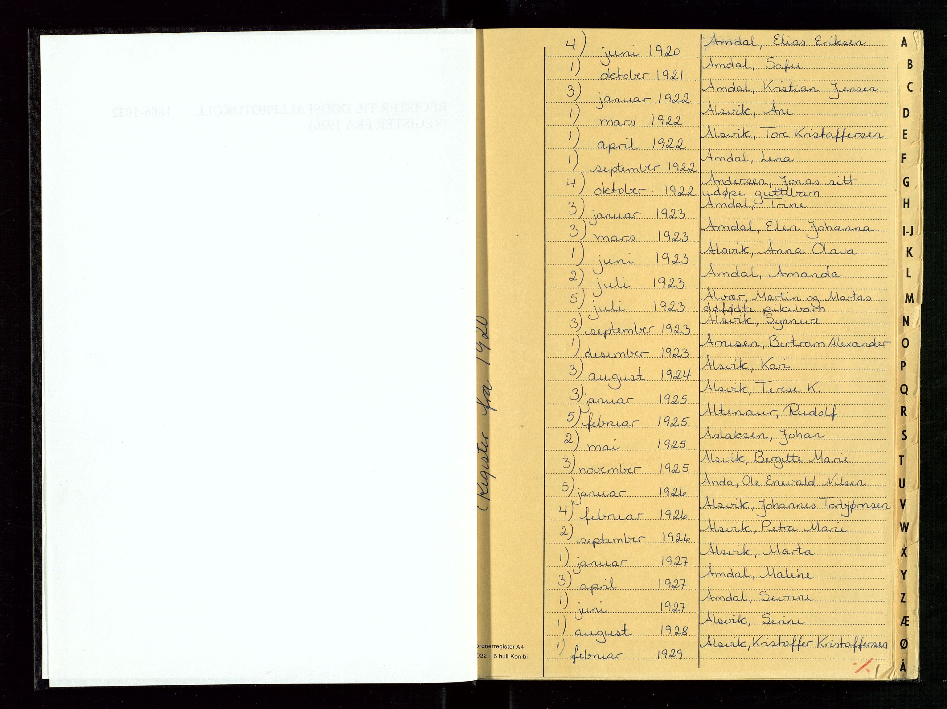 Strand og Forsand lensmannskontor, SAST/A-100451/Gga/L0003: Register til dødsfallprotokoll nr. 2,4,5,6, 1920-1963, p. 3