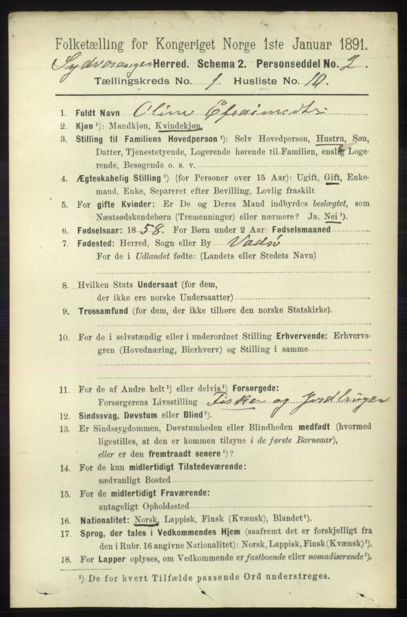 RA, 1891 census for 2030 Sør-Varanger, 1891, p. 133