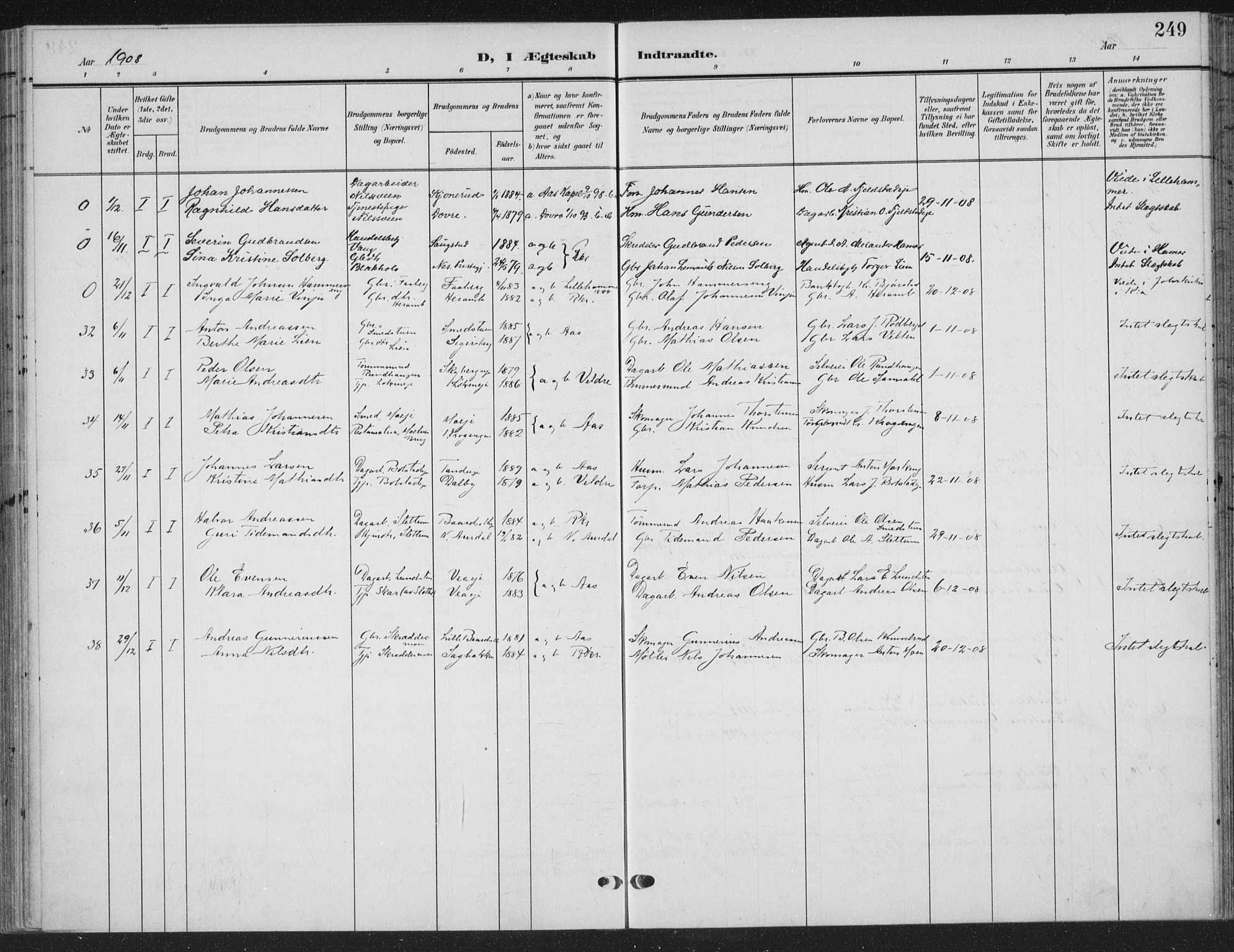 Ringsaker prestekontor, SAH/PREST-014/K/Ka/L0018: Parish register (official) no. 18, 1903-1912, p. 249