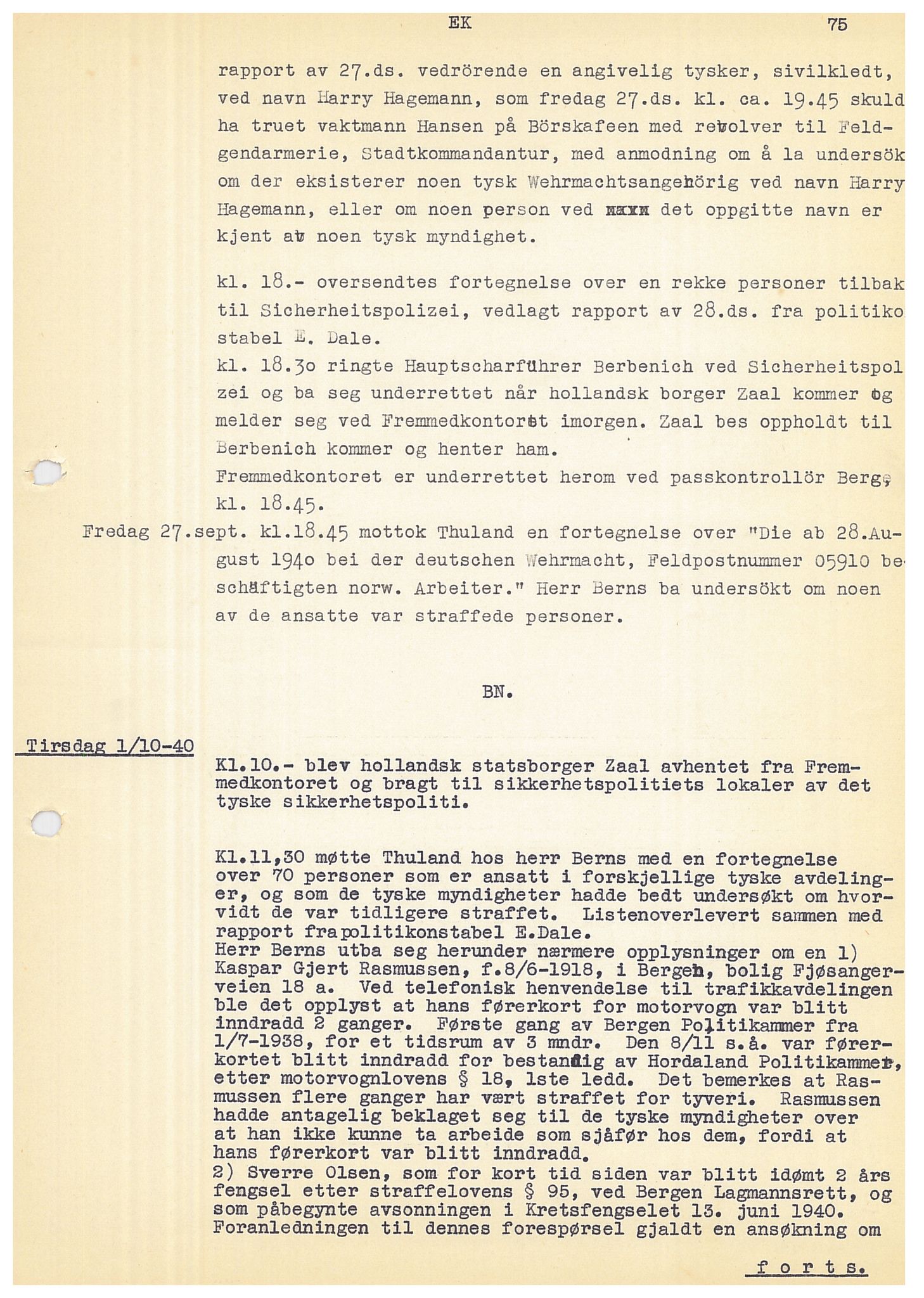 Bergen politikammer / politidistrikt, SAB/A-60401/Y/Ye/L0001: Avskrift av krigsdagbok av Dankert Thuland, 1940-1941, p. 75