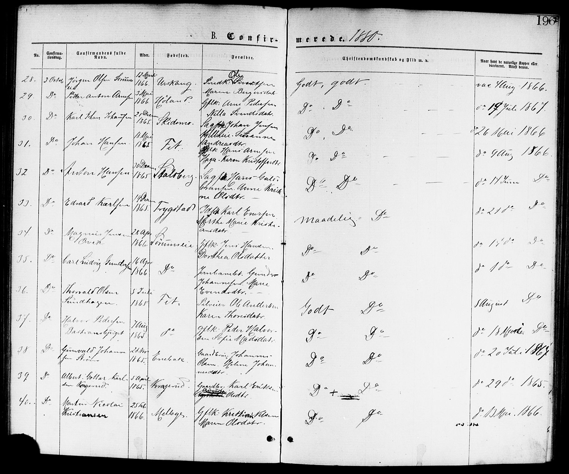 Skedsmo prestekontor Kirkebøker, AV/SAO-A-10033a/G/Ga/L0003: Parish register (copy) no. I 3, 1873-1882, p. 196