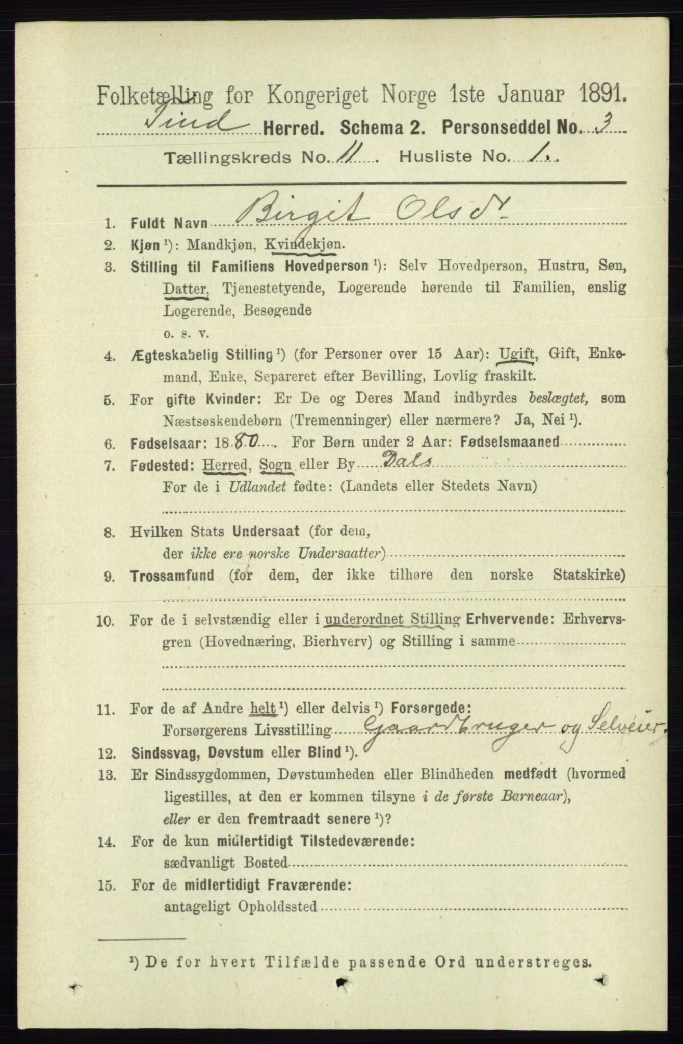 RA, 1891 census for 0826 Tinn, 1891, p. 2122