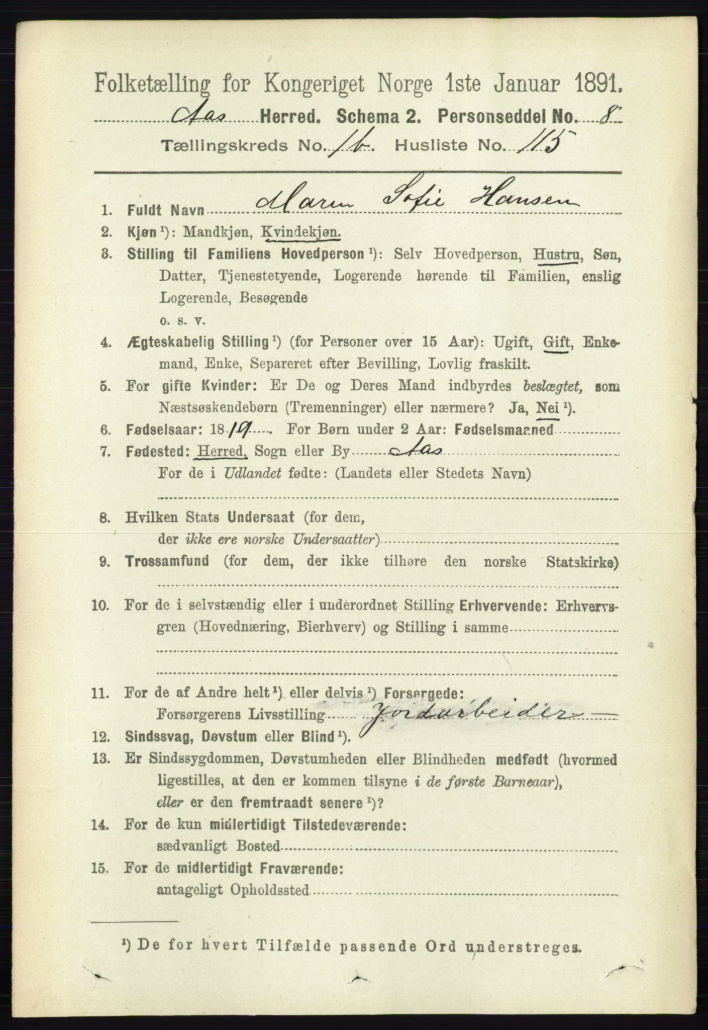 RA, 1891 census for 0214 Ås, 1891, p. 1487