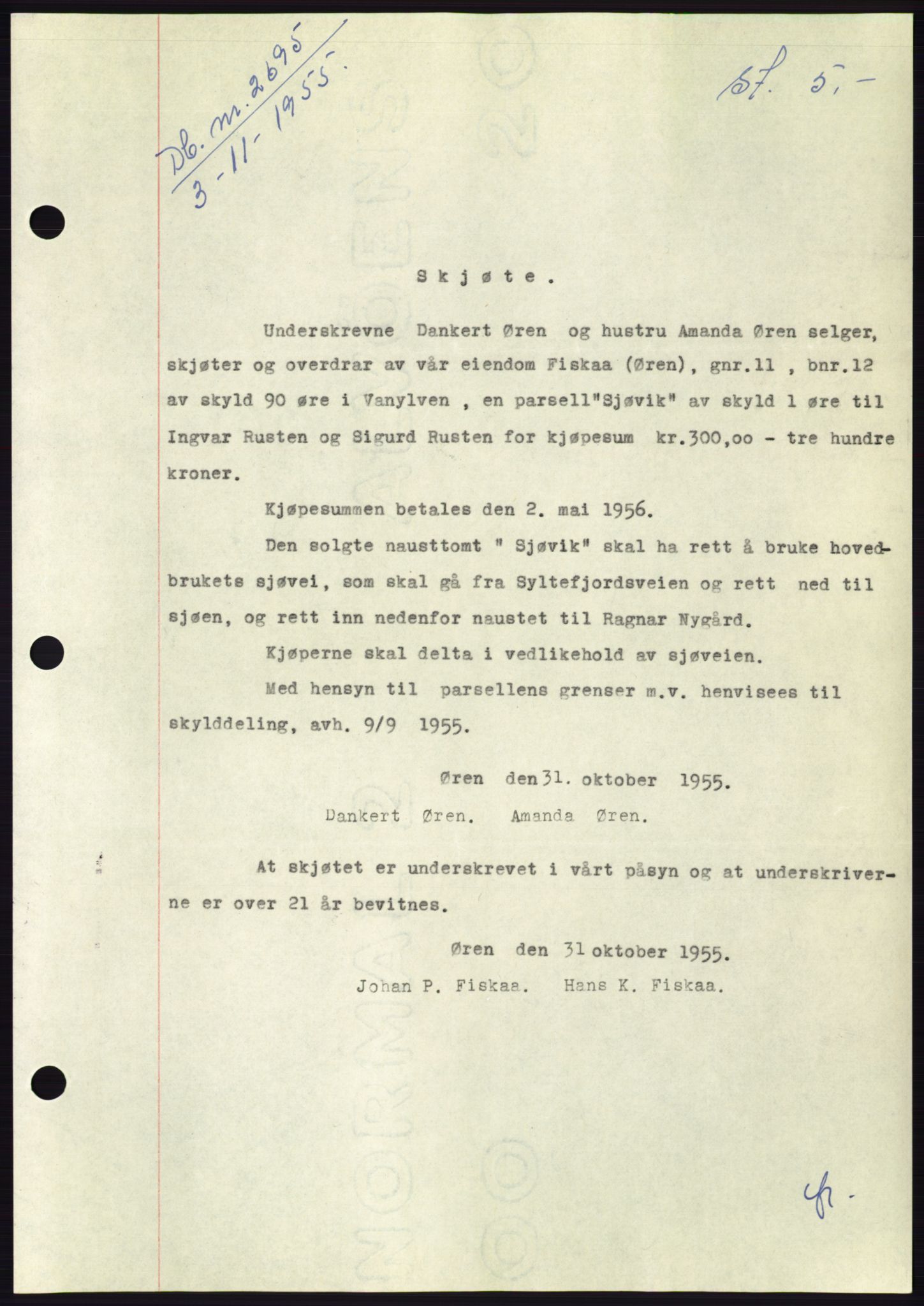 Søre Sunnmøre sorenskriveri, AV/SAT-A-4122/1/2/2C/L0102: Mortgage book no. 28A, 1955-1956, Diary no: : 2695/1955