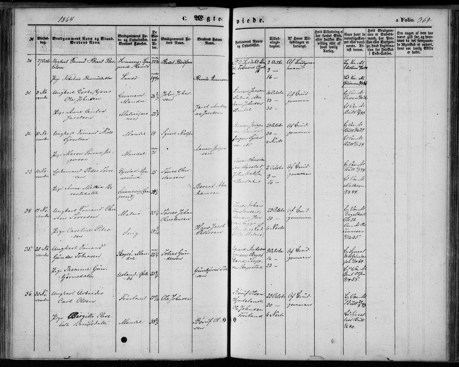 Mandal sokneprestkontor, AV/SAK-1111-0030/F/Fa/Faa/L0014: Parish register (official) no. A 14, 1859-1872, p. 364