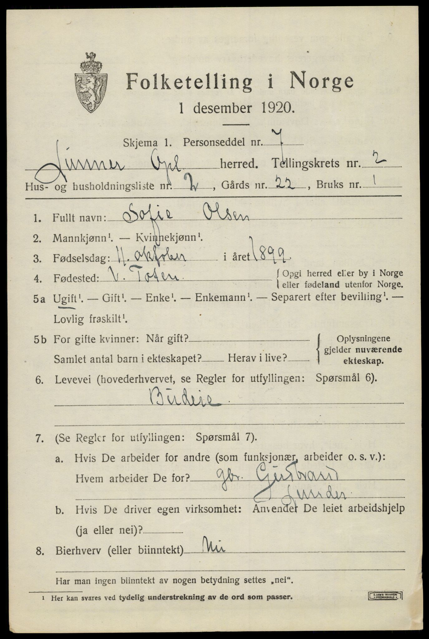 SAH, 1920 census for Lunner, 1920, p. 2883