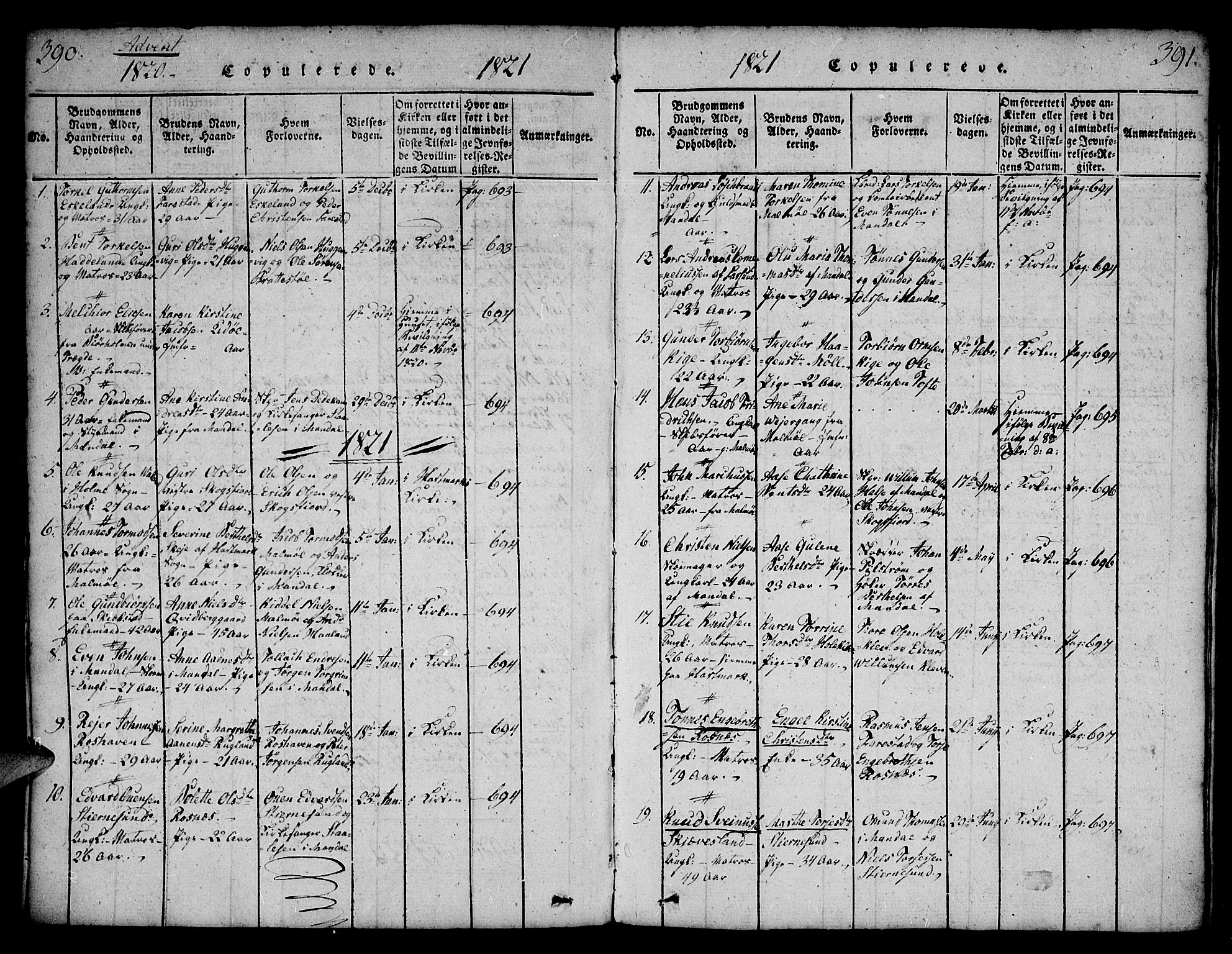 Mandal sokneprestkontor, SAK/1111-0030/F/Fa/Faa/L0010: Parish register (official) no. A 10, 1817-1830, p. 390-391
