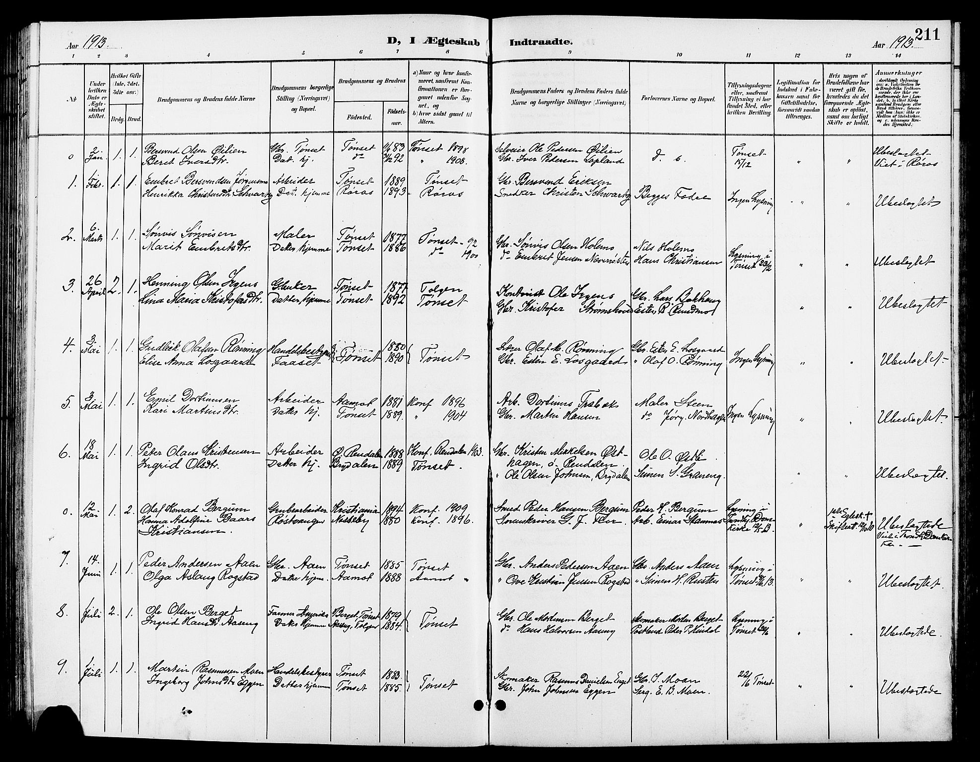 Tynset prestekontor, AV/SAH-PREST-058/H/Ha/Hab/L0009: Parish register (copy) no. 9, 1900-1914, p. 211