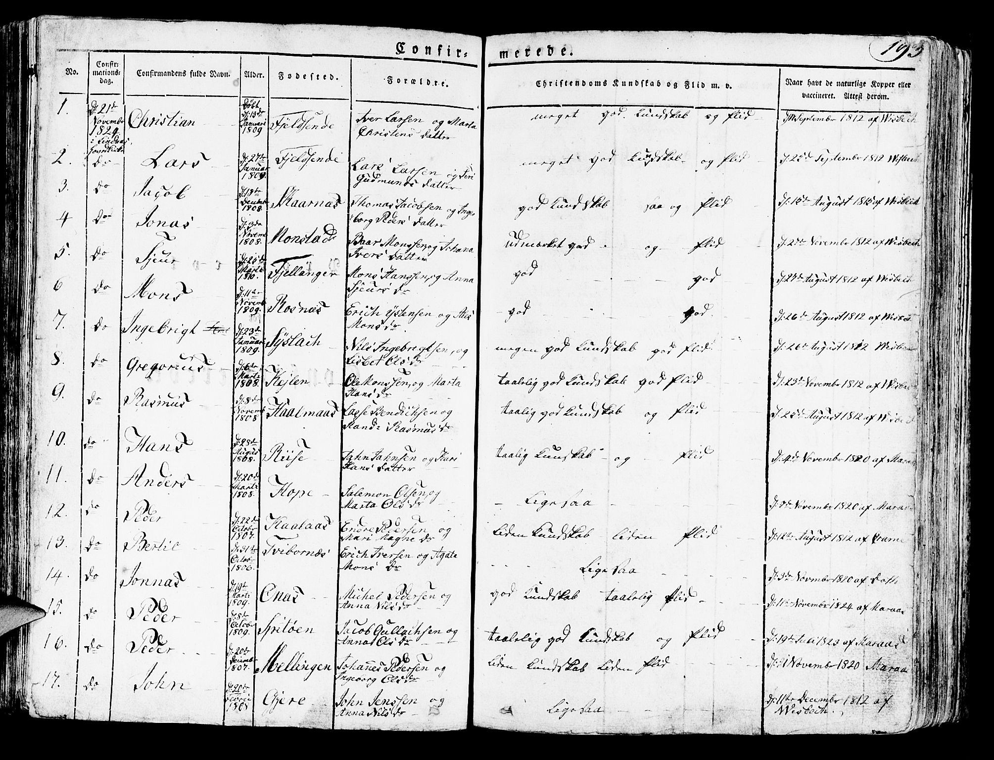 Lindås Sokneprestembete, AV/SAB-A-76701/H/Haa/Haaa/L0008: Parish register (official) no. A 8, 1823-1836, p. 193