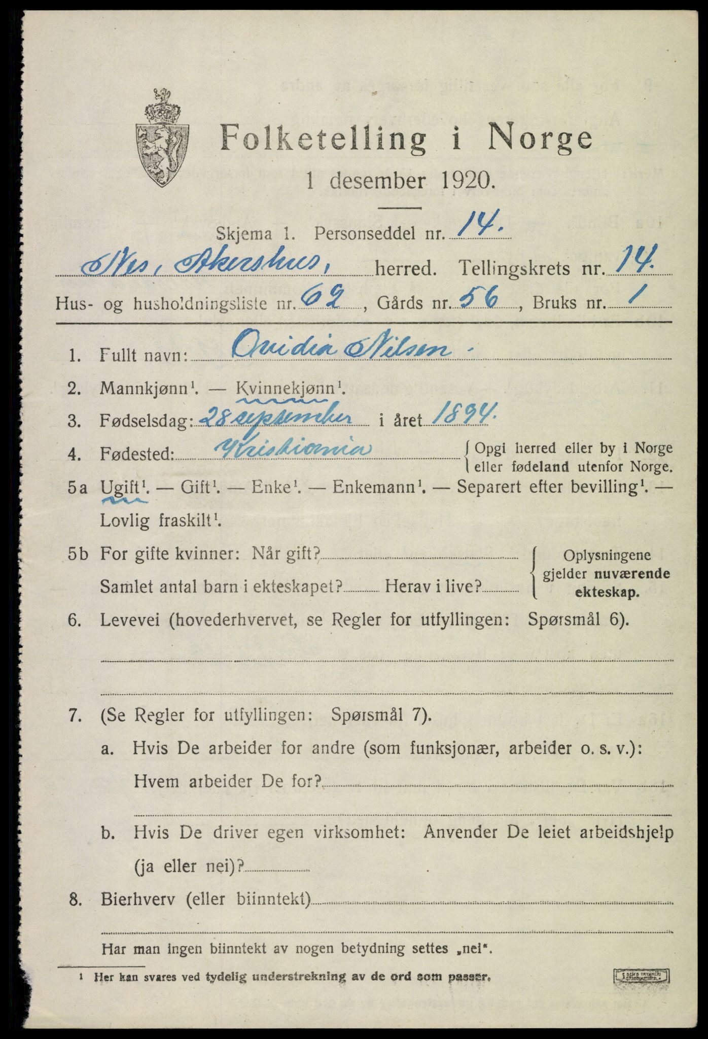 SAO, 1920 census for Nes, 1920, p. 14688