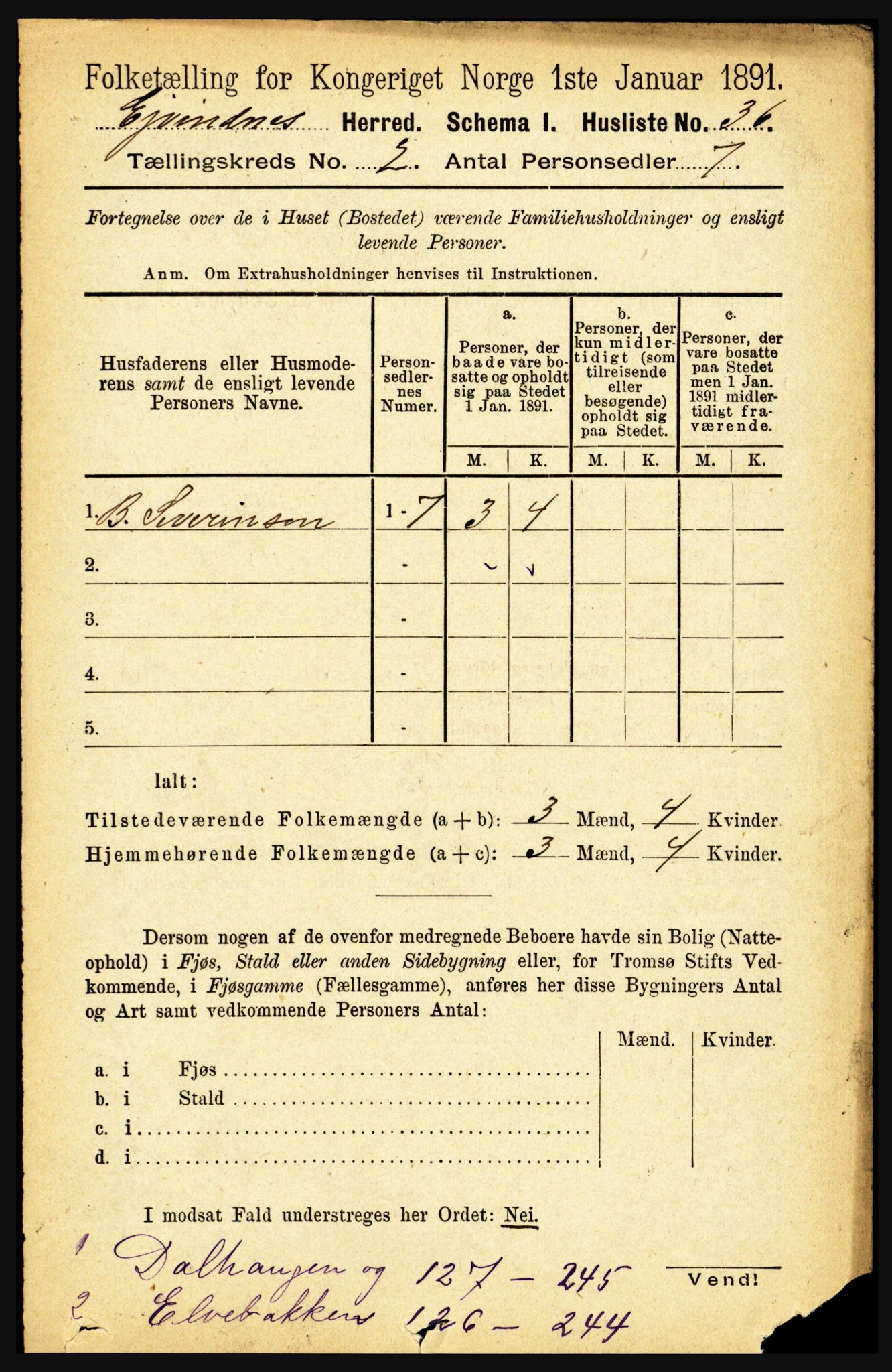 RA, 1891 census for 1853 Evenes, 1891, p. 420