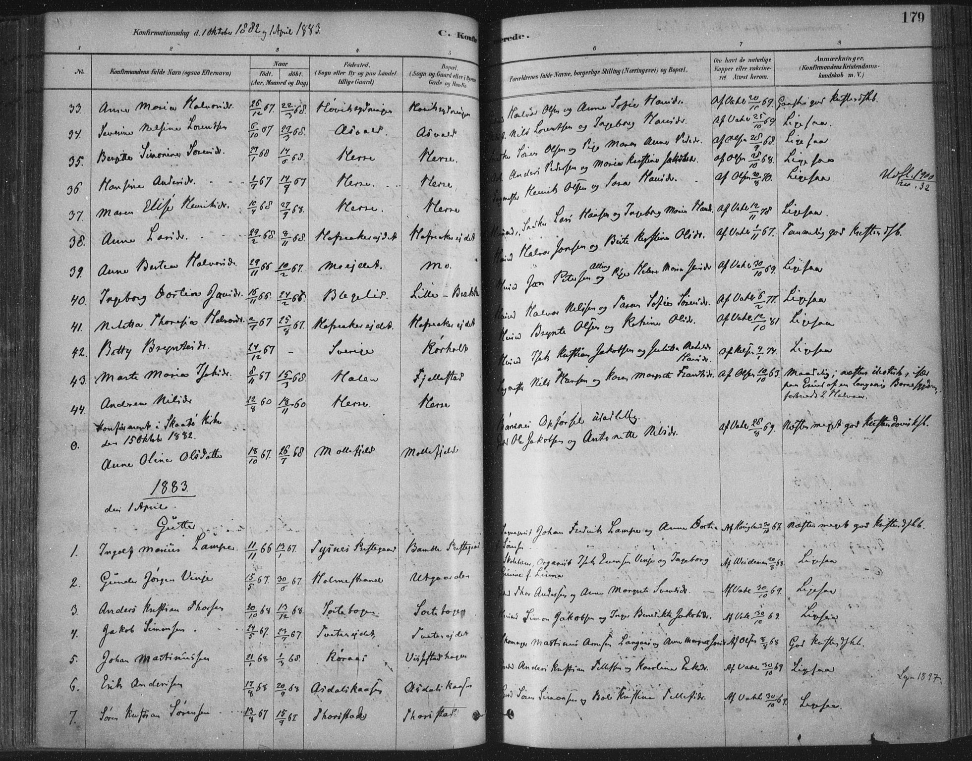 Bamble kirkebøker, SAKO/A-253/F/Fa/L0007: Parish register (official) no. I 7, 1878-1888, p. 179
