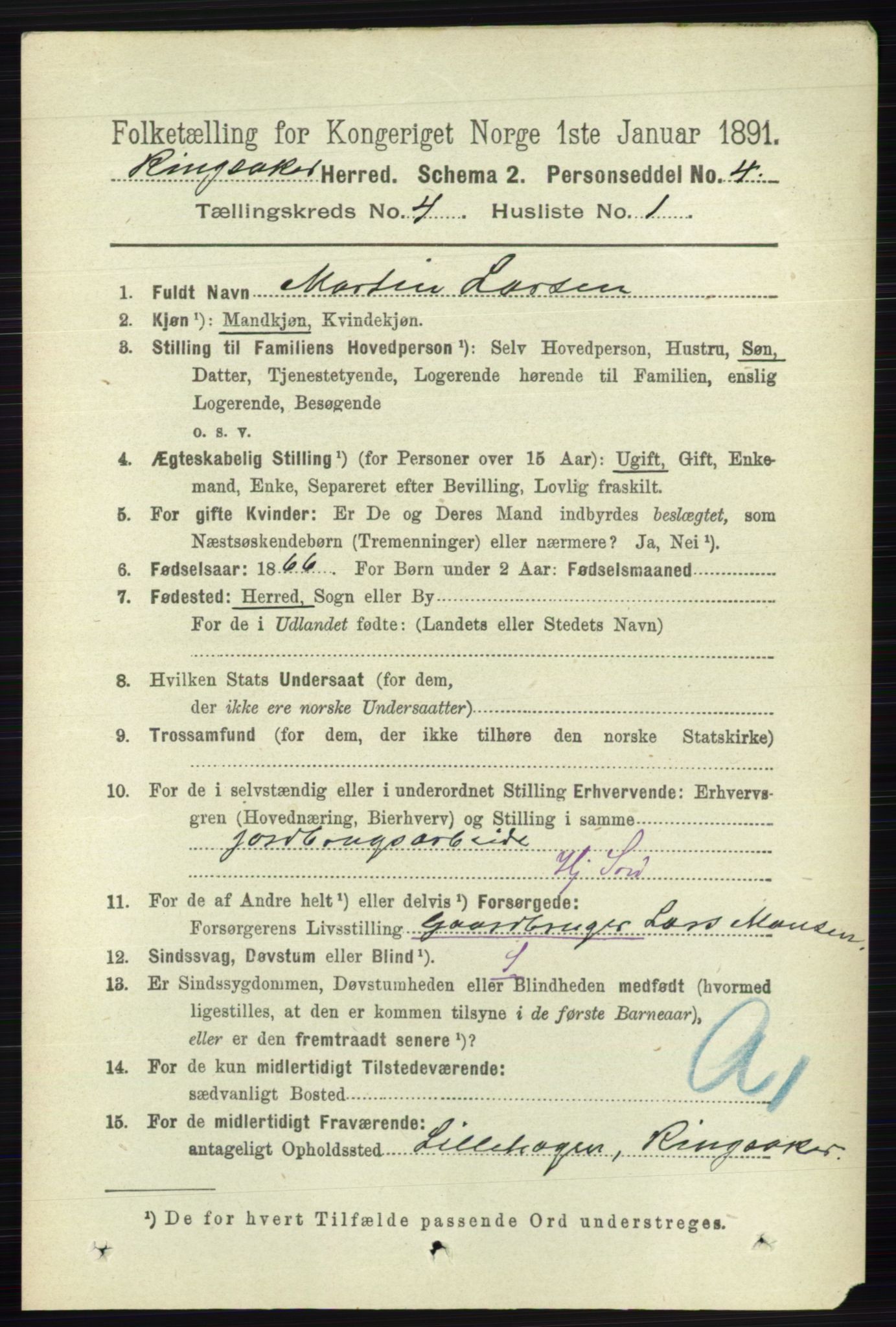 RA, 1891 census for 0412 Ringsaker, 1891, p. 1778