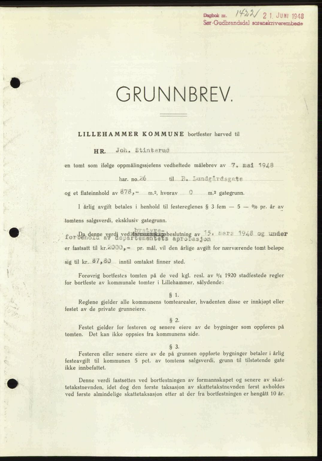 Sør-Gudbrandsdal tingrett, SAH/TING-004/H/Hb/Hbd/L0022: Mortgage book no. A22, 1948-1948, Diary no: : 1422/1948