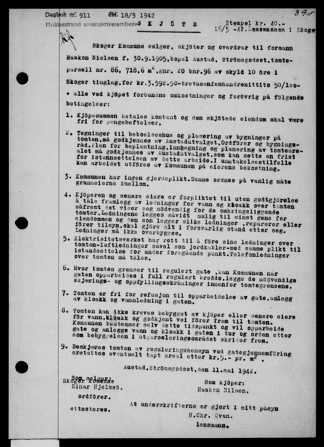 Holmestrand sorenskriveri, AV/SAKO-A-67/G/Ga/Gaa/L0055: Mortgage book no. A-55, 1942-1942, Diary no: : 911/1942